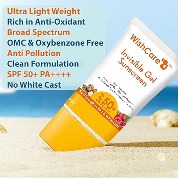 WishCare Invisible Gel Sunscreen SPF 50+ PA++++ For Oily and Dry skin - Light Weight Oil Free Gel Sunscreen 50g