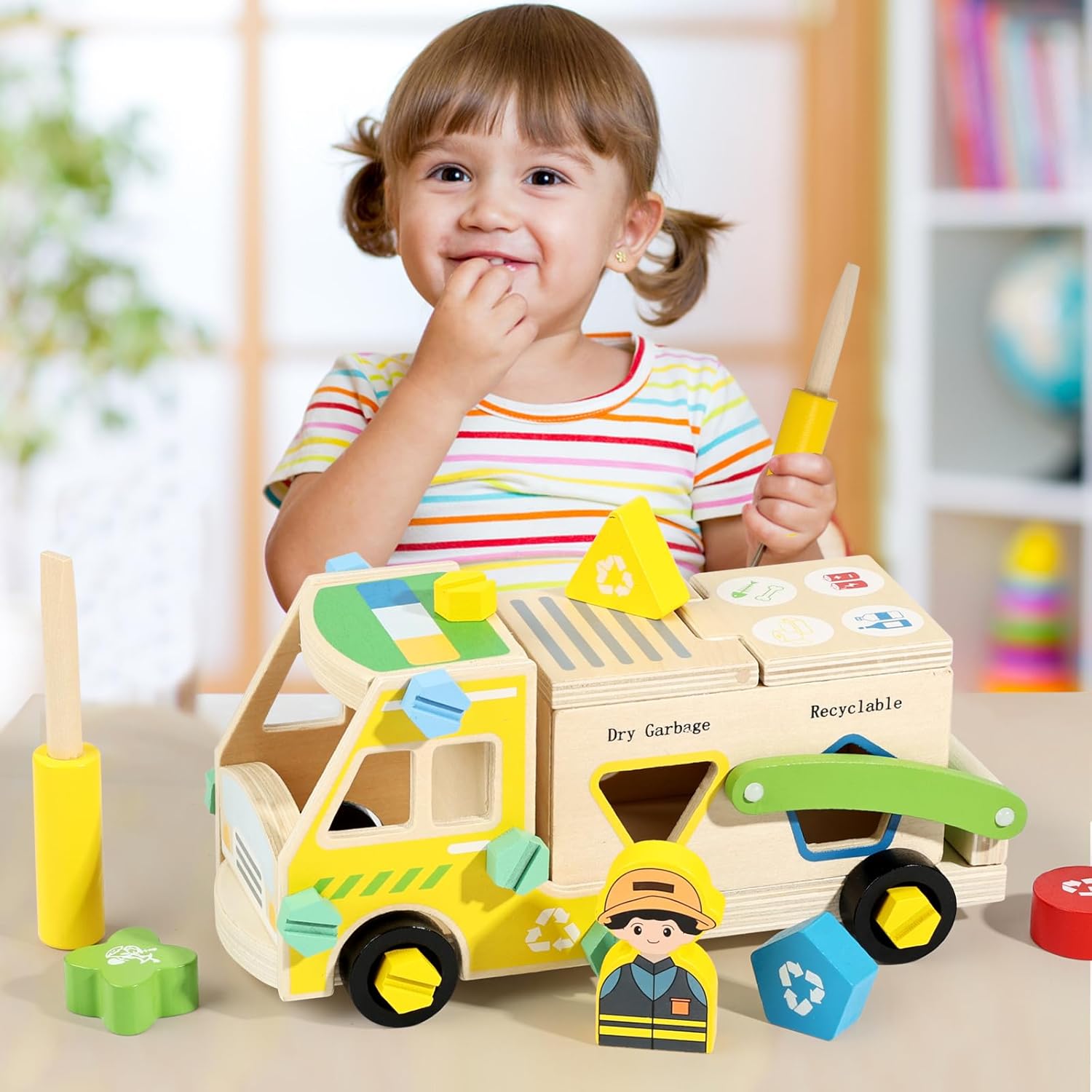 LOVELAND Wooden Recycling Truck Toy Take-Apart Garbage Sorting Truck