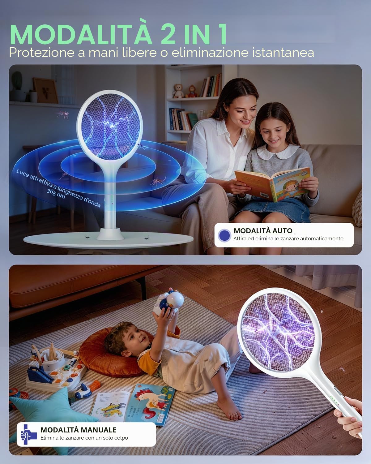 VIWAVE Racchetta Zanzare Elettrica 4000V 2 in 1 Luce UV USB-C 1800mAh Ricaricabile Maglia 3 Strati Antizanzare