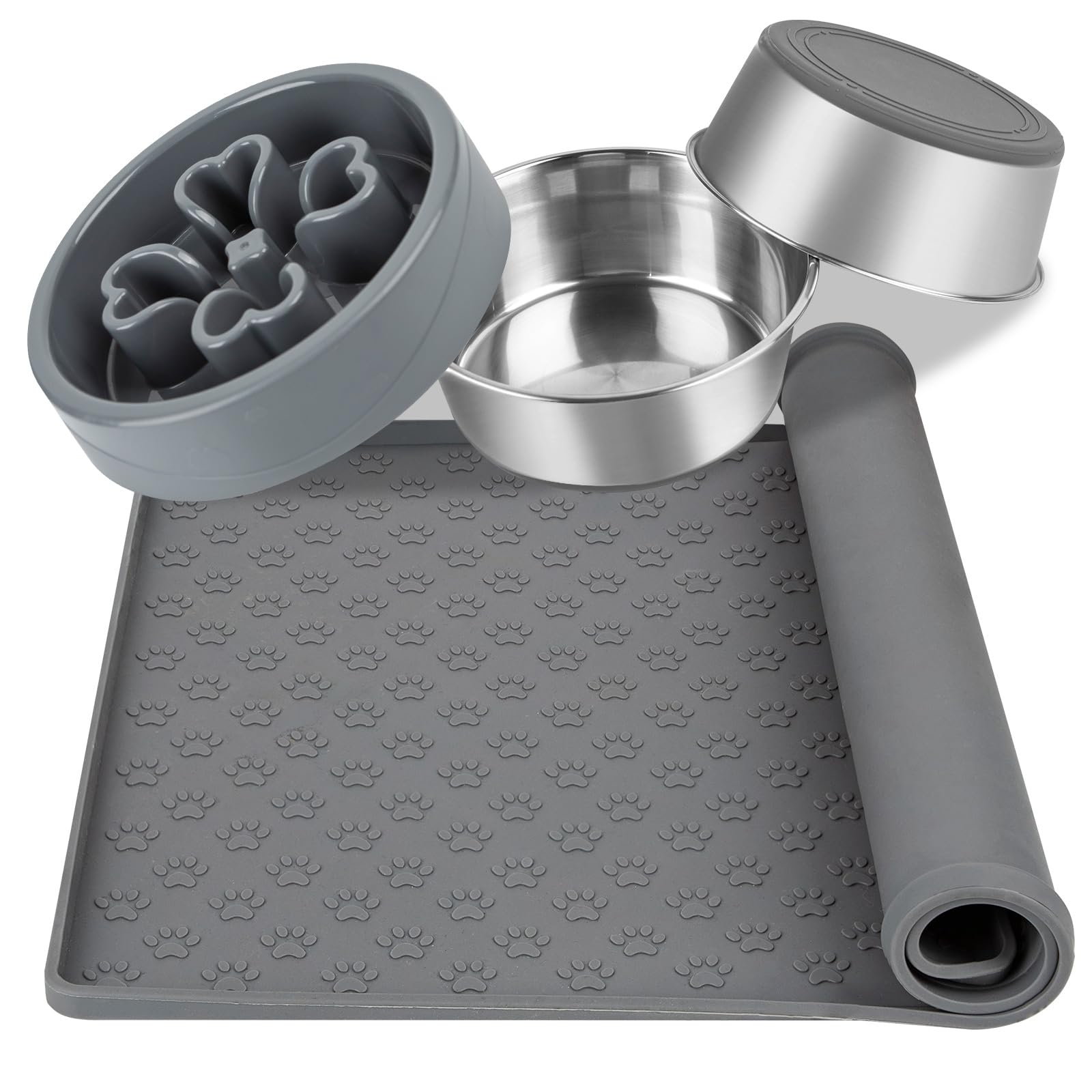 2x1500 ML Comedor Perro y 750 ML Comedero Antivoracidad Lento Perros Gatos y Alfombrilla de Silicona 48x30cm, Perro Cuenco,Antideslizante Cuenco Doble para Gatos de Acero Inoxidable