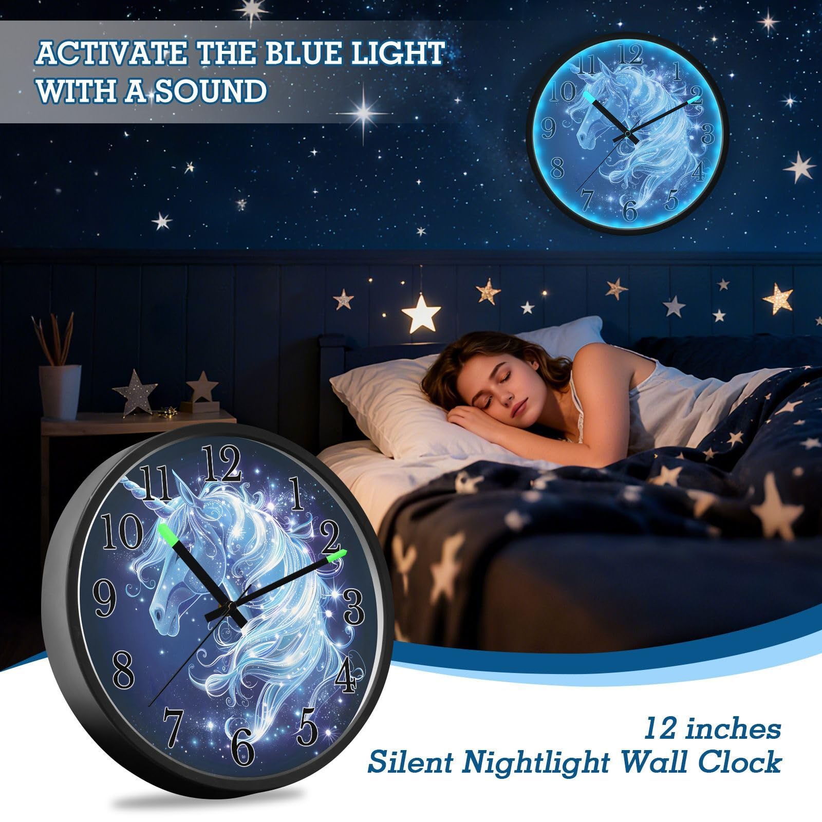 Mnsruu Reloj de pared luminoso con diseño de unicornio y galaxia blanca, funciona con pilas, silencioso, brilla en la oscuridad, para sala de estar, cocina, 12 pulgadas