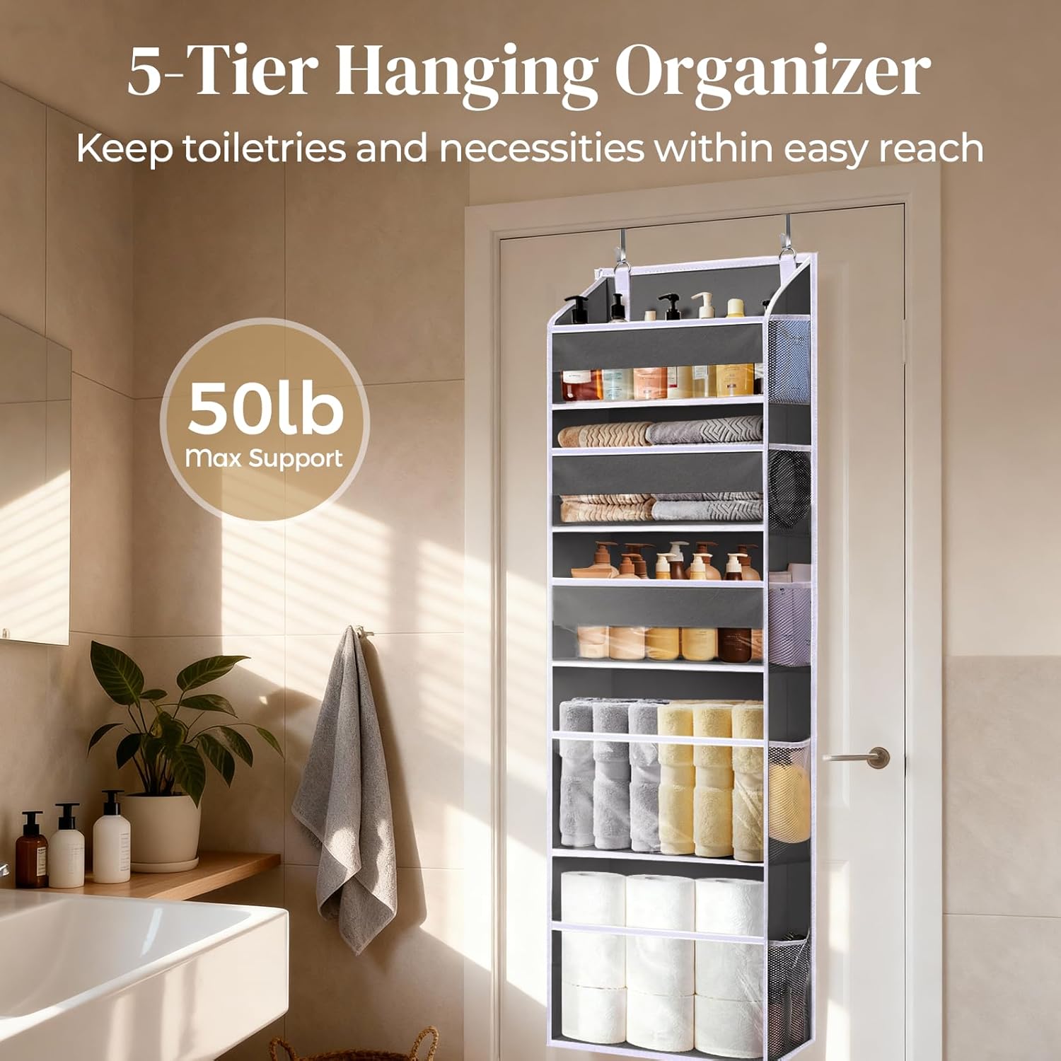 5 Tiers Over Door Organizer with 10 Mesh Side Pockets, 44 lbs Weight Capacity Hanging Storage Organizer with Clear Window Kids Toys, Shoes, Diapers, Dark Gray