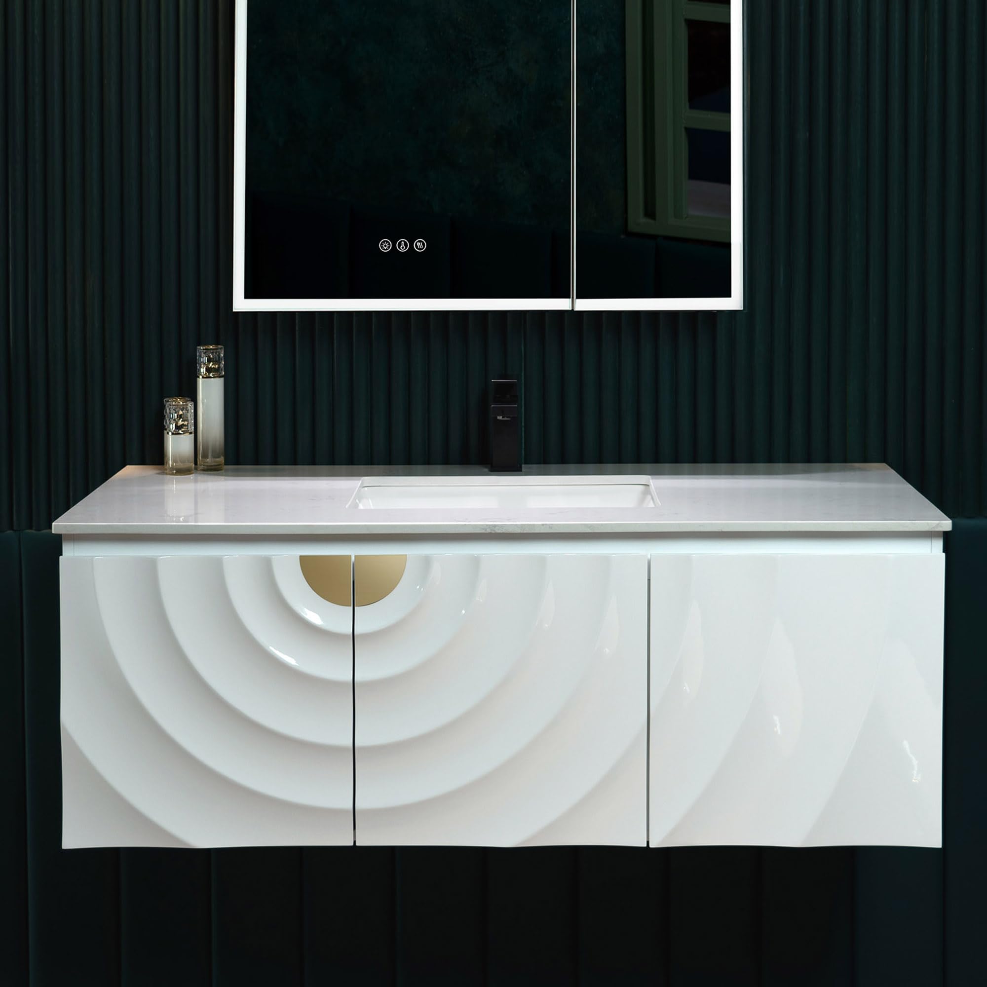 Woodbridge 48"x22" Wall Mounted Vanity with Double Ceramic Undermount Sinks,White Engineered Stone Top,Floating Design with 3D Wave Pattern Doors and Glossy White Finish — Modern, Space-Saving Design