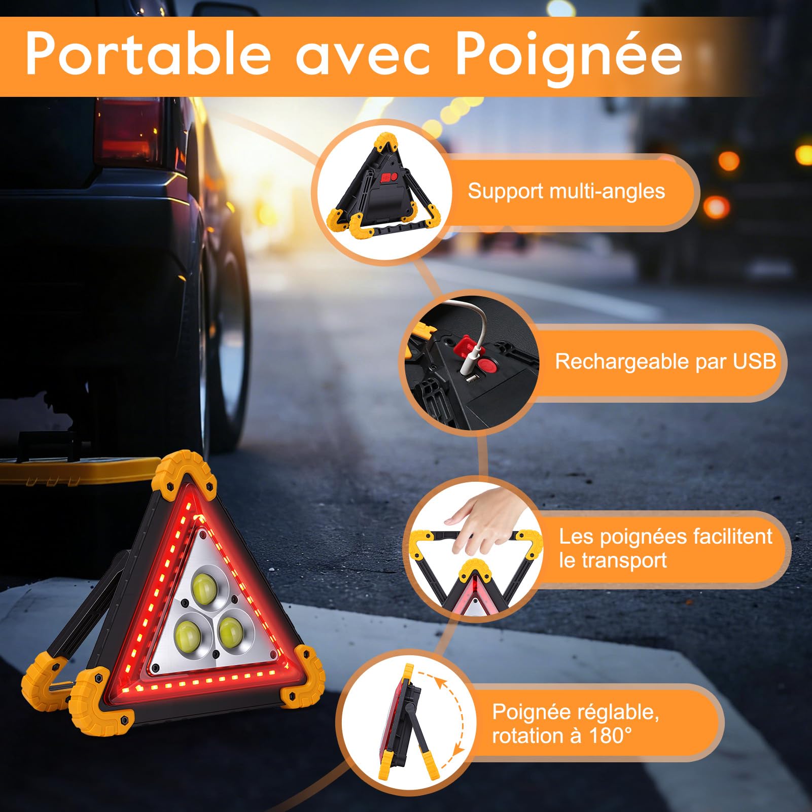 VINGVO Triangle De Signalisation Voiture, 30W LED Triangle Voiture, Haute Visibilité & étanche Triangle Lumineux LED Voiture, 3 Modes Fixe/Clignotant Rouge, Triangle D’Urgence Portable avec Poignée