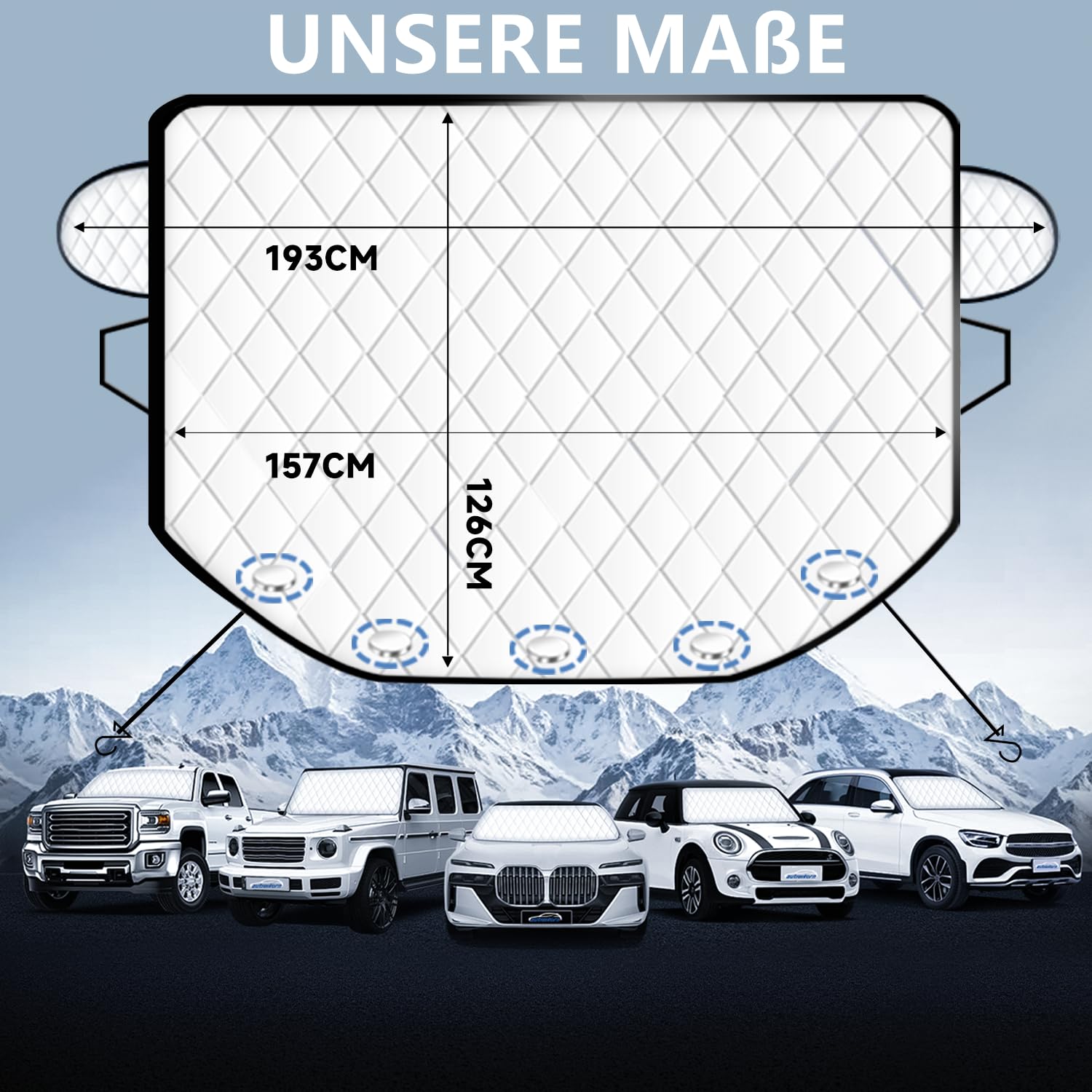 Sonnenschutz Auto Frontscheibe 193 x 157 x 126 cm, UV-Schutz, Diebstahlschutz, Schutz vor Staub, 5 Magnete, mit Aufbewahrungstasche, für die meisten Fahrzeuge (einschließlich SUVs)