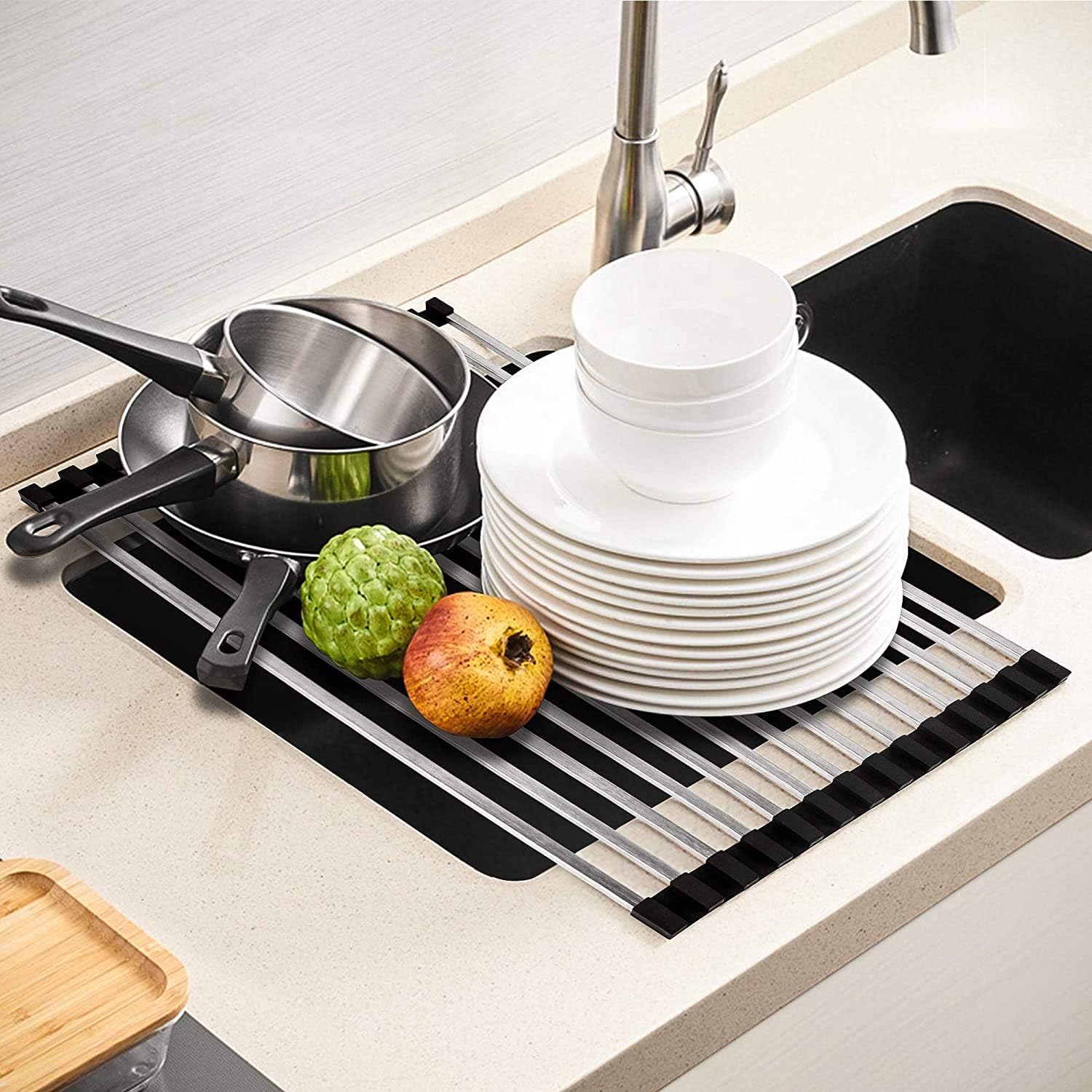 JOMOLA Dish Drying Rack Roll-up Stainless Steel Fold-able Over Sink Mat Heat Resistant Kitchen Roll up Dish Drainer With Black Non-slip Silicone Grips (Sqaure 20.5''x12.5'')
