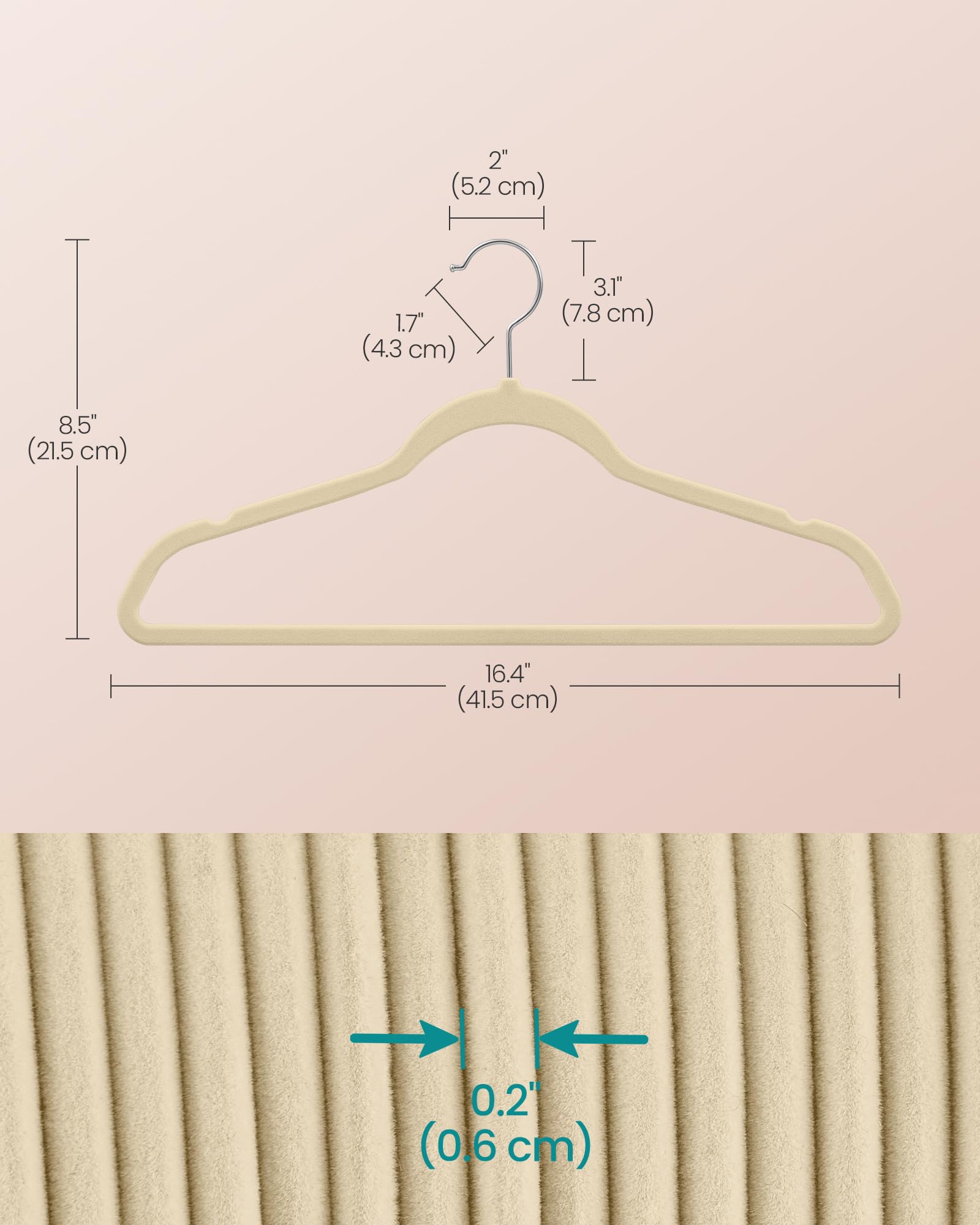 SONGMICS Lot de 60 cintres antidérapants en Velours avec Crochets pivotants de Couleur argentée, Minces et Peu encombrants pour Placard, très résistants, Sable d'été UCRF036LF02S