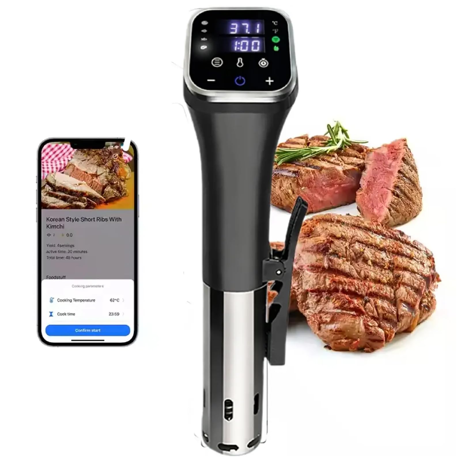 Urządzenie do gotowania metodą sous vide o mocy 1100 W z ekranem dotykowym LED, kontrolą temperatury i czasu, wyjątkowo cichym, szybkim nagrzewaniem i łatwym