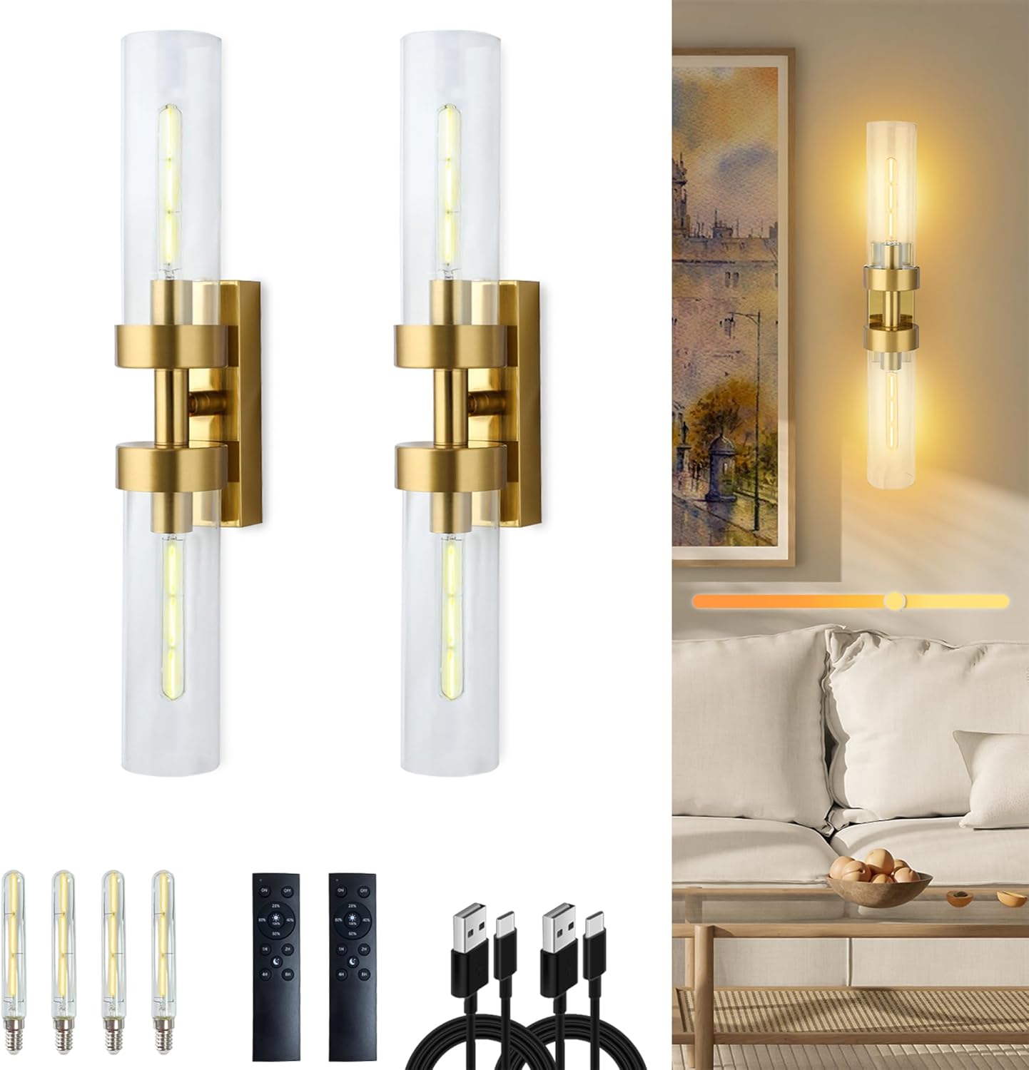 Rechargeable Wall Sconces Set of Two with Remote, Gold Battery Operated Wall Sconce with Clear Glass, Sconces Wall Decor Set of 2 Wall Light Fixtures for Bedroom Bathroom Mirror Living Room