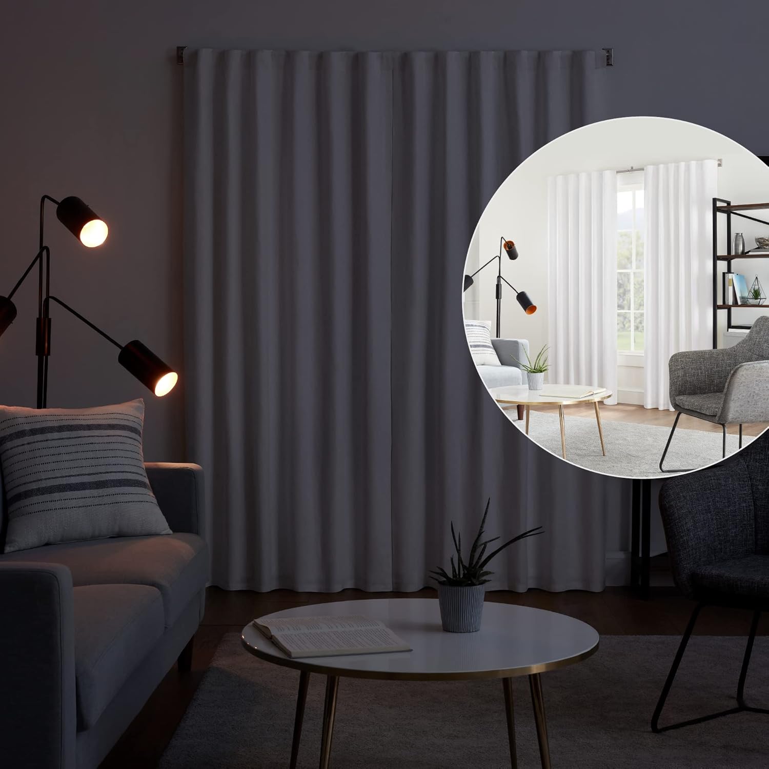 MODE Room Darkening Collection 1” Diameter Blackout Curtain Rod Set with Steel Wall Mounted Adjustable Curtain Rod, Blocks Light, Fits 32” to 90” Windows, Brushed Nickel