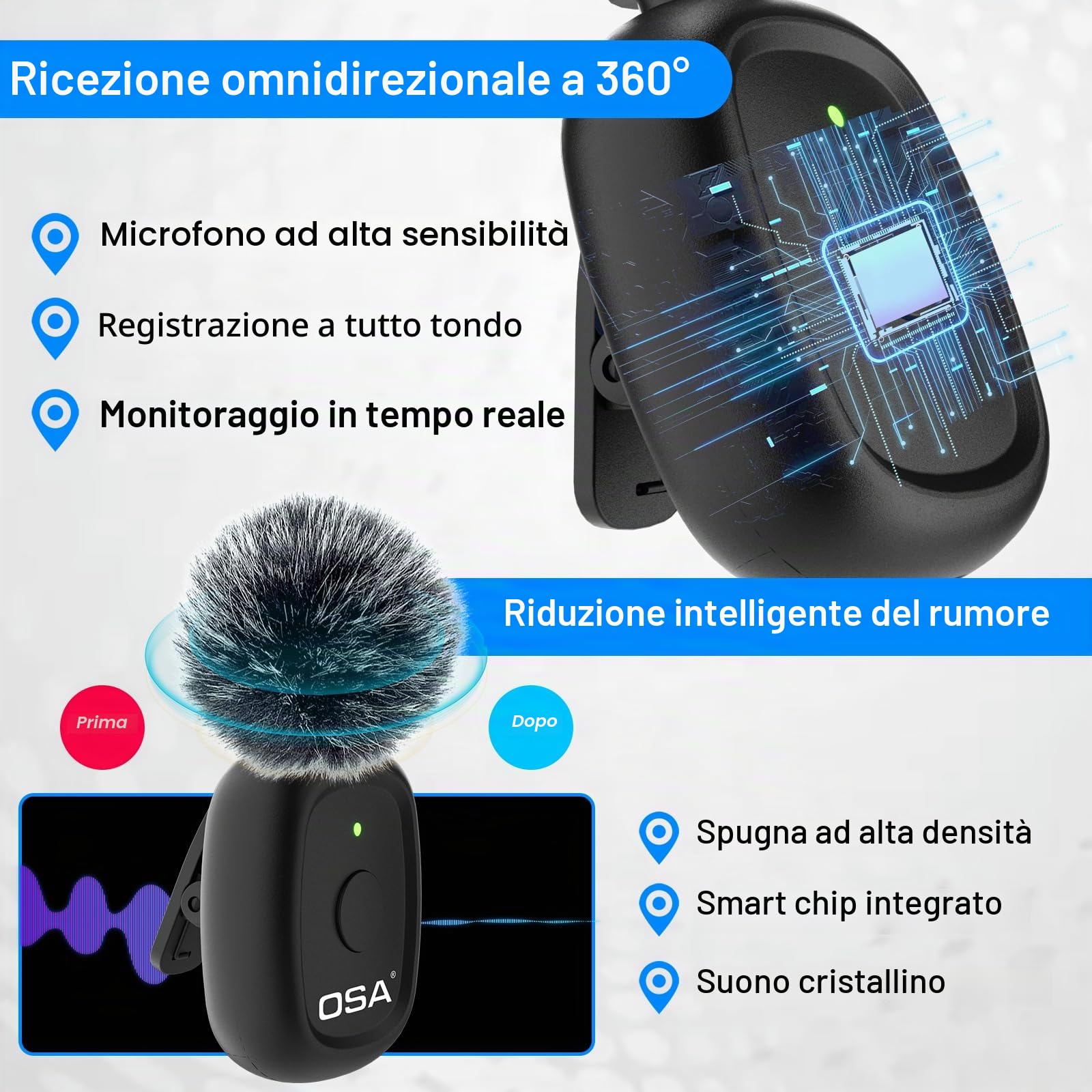 OSA Microfono Wireless 3 in 1 per Fotocamera, IOS Phone, Android e Laptop, 8 Ore di Lavoro Lungo Microfono da Bavero con Riduzione del Rumore per Registrazione Video, Vlog, YouTube, TikTok