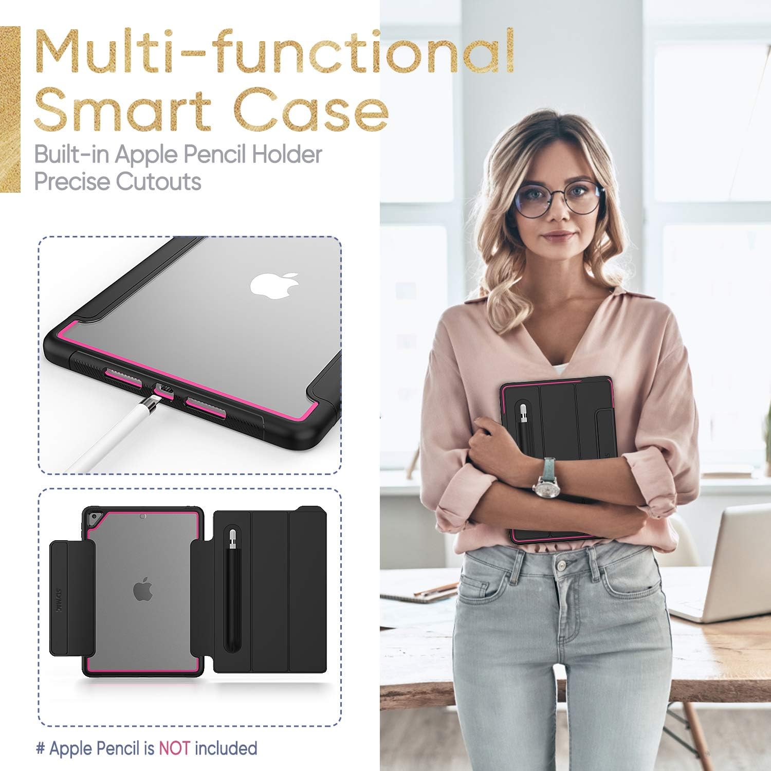 SEYMAC stock Case for iPad 6th/5th Generation, for iPad 2018/2017 9.7 inch Case Smart Cover Auto Sleep with [Screen Protector] Stand and Clear Feature for iPad 2017/2018 /Air 2/Pro 9.7 (Black/Rose)