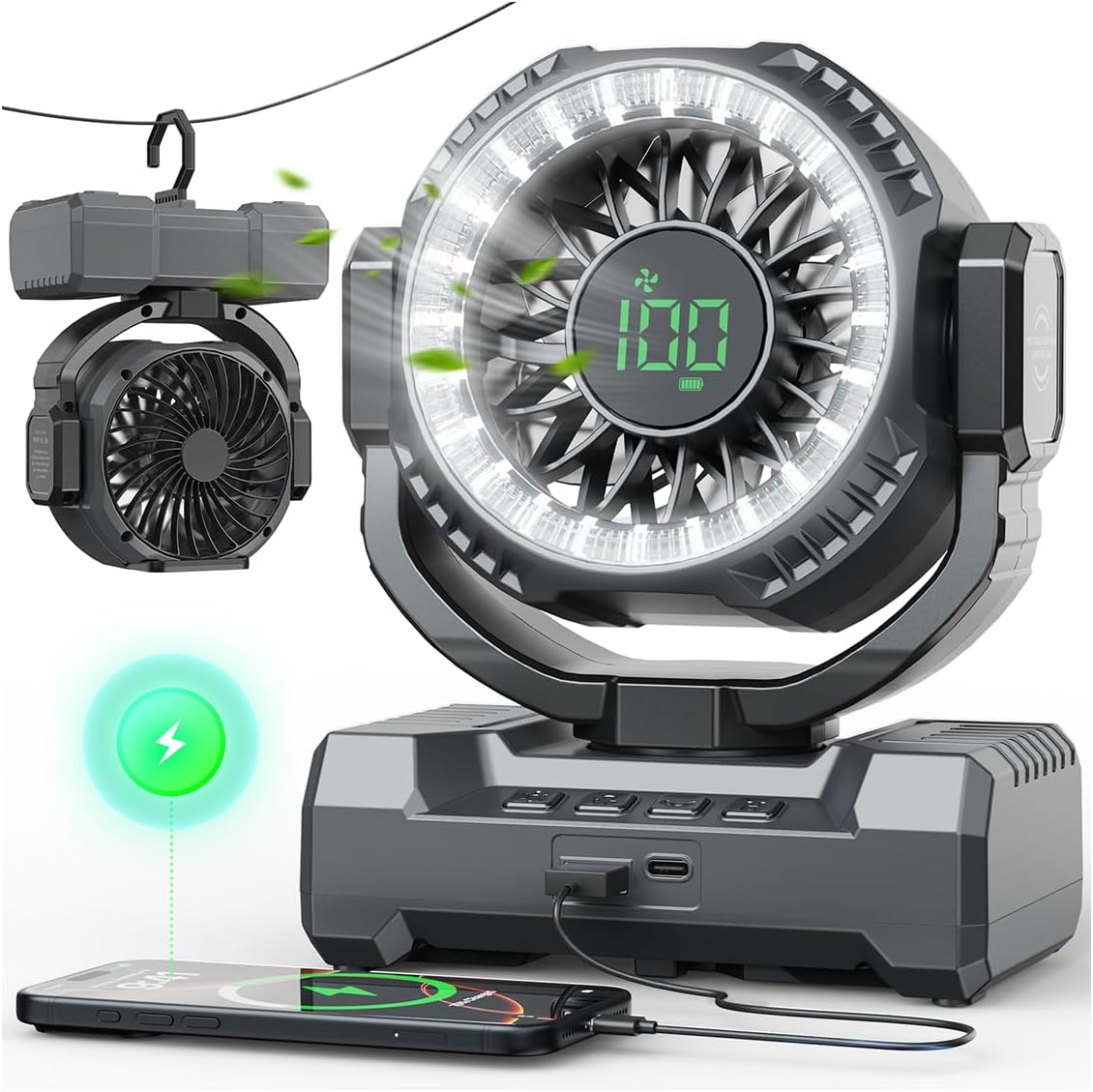 24000mAh Camping Fan, Portable Rechargeable Fan, Battery Powered Fan with LED Lantern & 120° Oscillation, Battery Operated Ventiladores for Travel, Tent, Fishing, Jobsite, Outdoor, Gifts for Men Dad