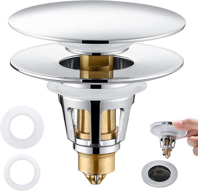 Universal 2in1 Bathroom Sink Stopper Chrome Pop Up Sink Drain Stopper, Push Button Sink