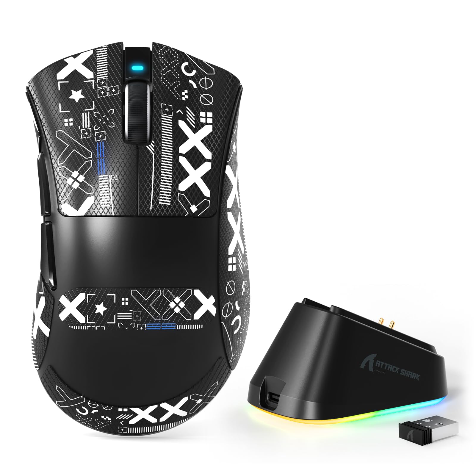 MAMBASNAKE Attack Shark V3 PRO 62g Superlight Wireless Gaming Mouse,RGB Charging Dock,BK52820 Tri-Mode BT/2.4G Wireless/Wired Mouse with Grip Tape,25000DPI,5 Programmable Buttons for Pc/Mac,Black PRO