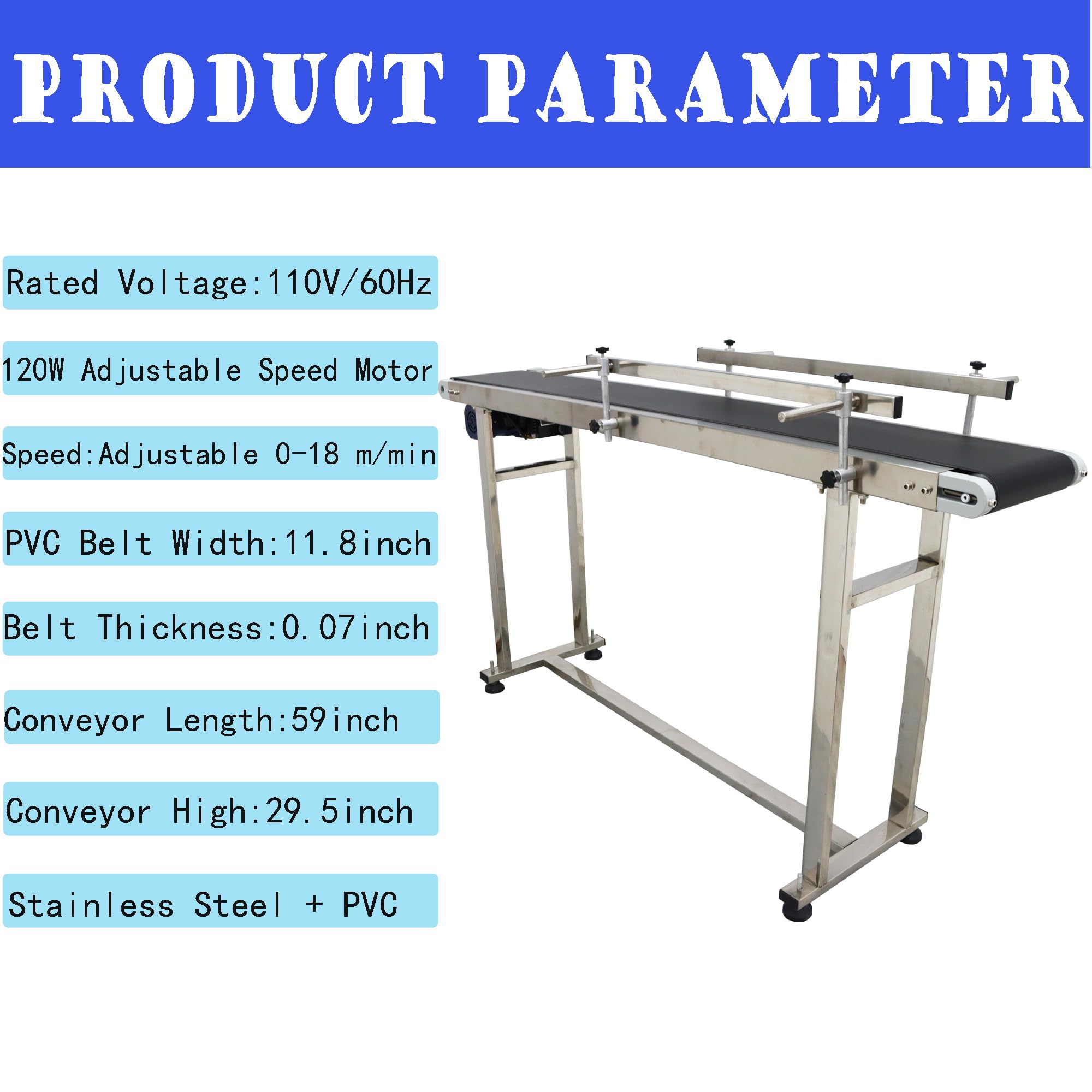 HQHAOTWU Flat Belt Conveyor PVC Belt Transport Conveyor Double Guardrails Stainless Steel Frames Industrial Transport Equipment 59×11.8inch Belt