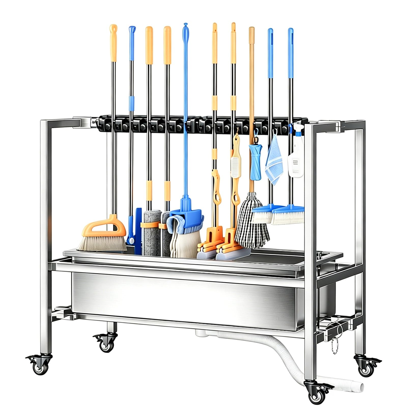 Mobiler Reinigungswagen,Mobiler Mopphalter,Gartengeräte Halterung,Reinigungswerkzeug Aufbewahrungsständer,für Garage Zuhause Schule,Große Reinigungsstation(73x45x98cm(29x18x38in))