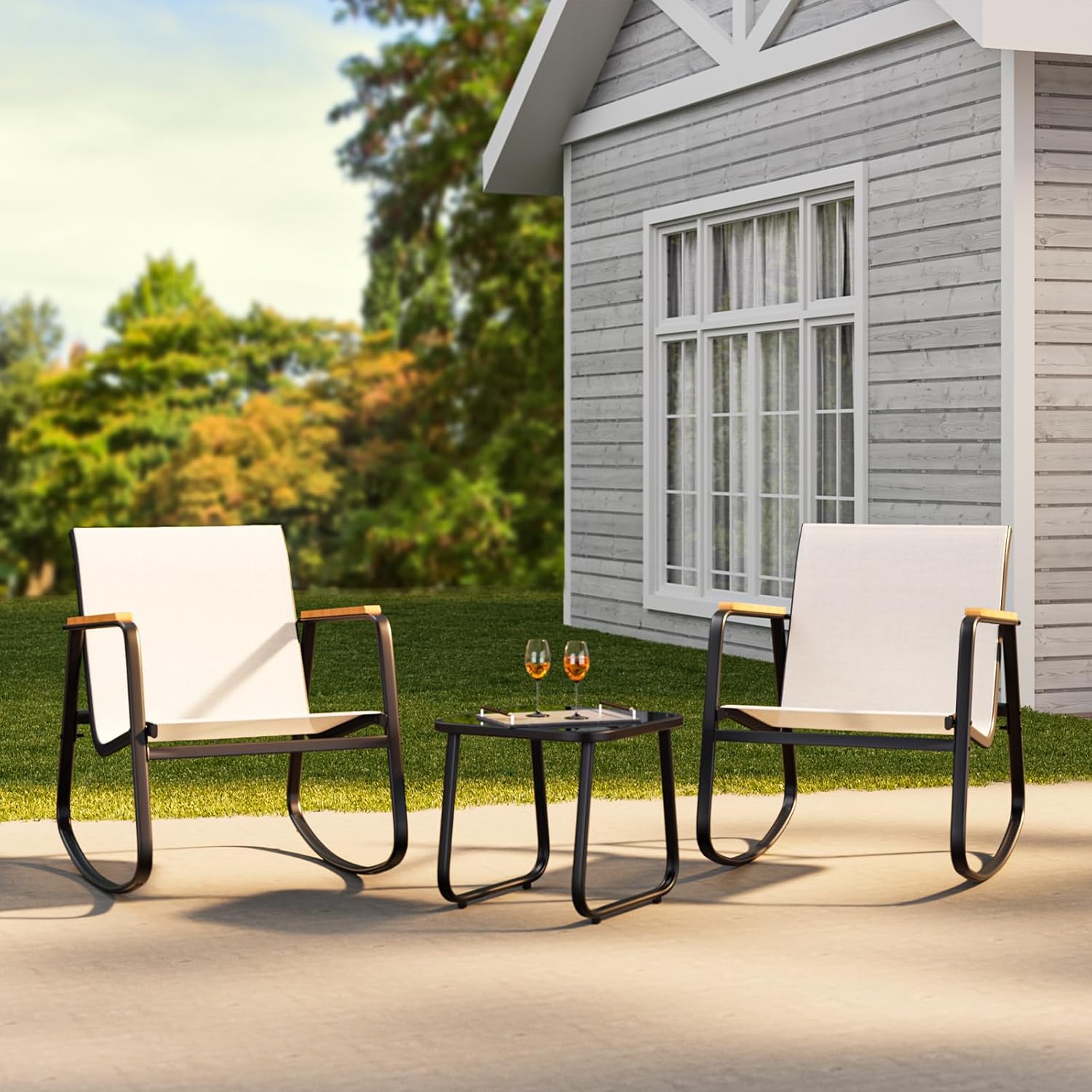 Ahomly 3 Pieces Patio Furniture Set, Outdoor Textilene Furniture Set with Wooden Armrests, Coffee Table with Tempered Glass Tabletop, Patio Chairs for Lawn, Balcony, White