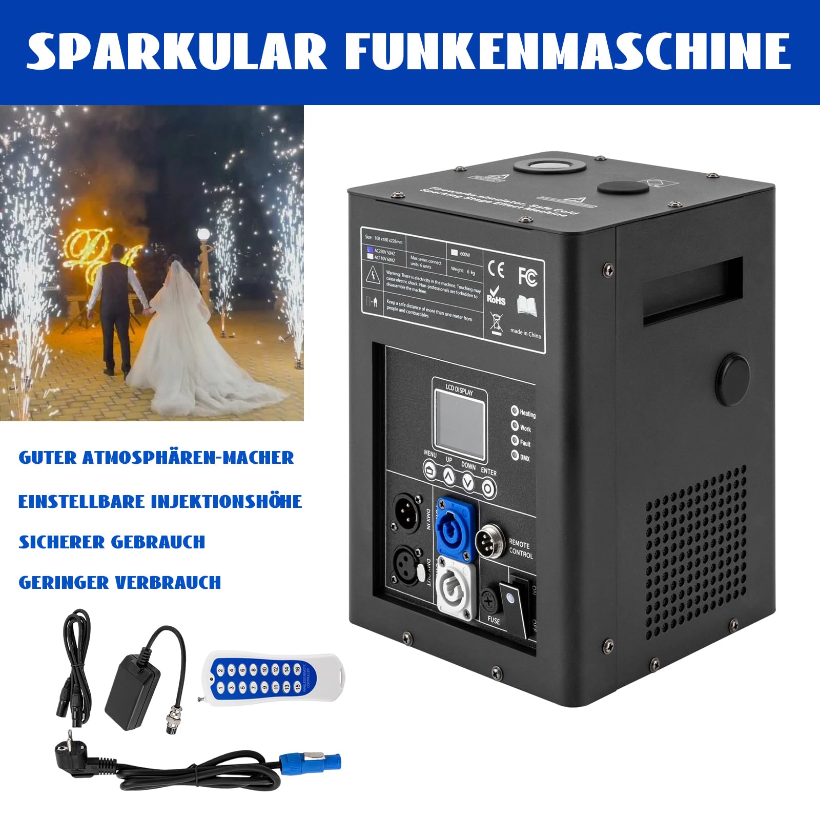 Bühneneffektmaschine 600W DMX Funkenmaschine | Drahtlose Fernbedienung | Schwarzes Metall | 2-5M Sprühhöhe | für Hochzeit, Party | Deutsche Anleitung