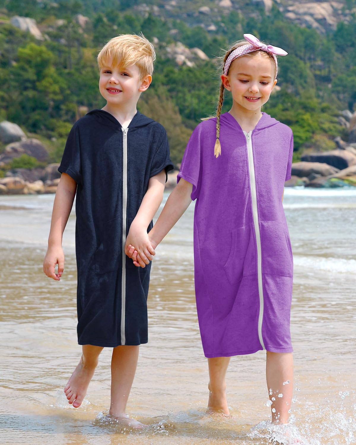 BesserBay Mädchen Handtuch Strandponcho Badeponcho Seitentaschen mit Kapuze Blau Reißverschluss Surf Poncho 130