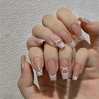 Gloss & Go 24 Reusable Artificial Fake Nail Set| Long Peach White And Silver With Diamond Cross Design| Lightweight & Long Lasting| Easy To Use| Quick Fix For Festivals & Special Occasions-picture-32