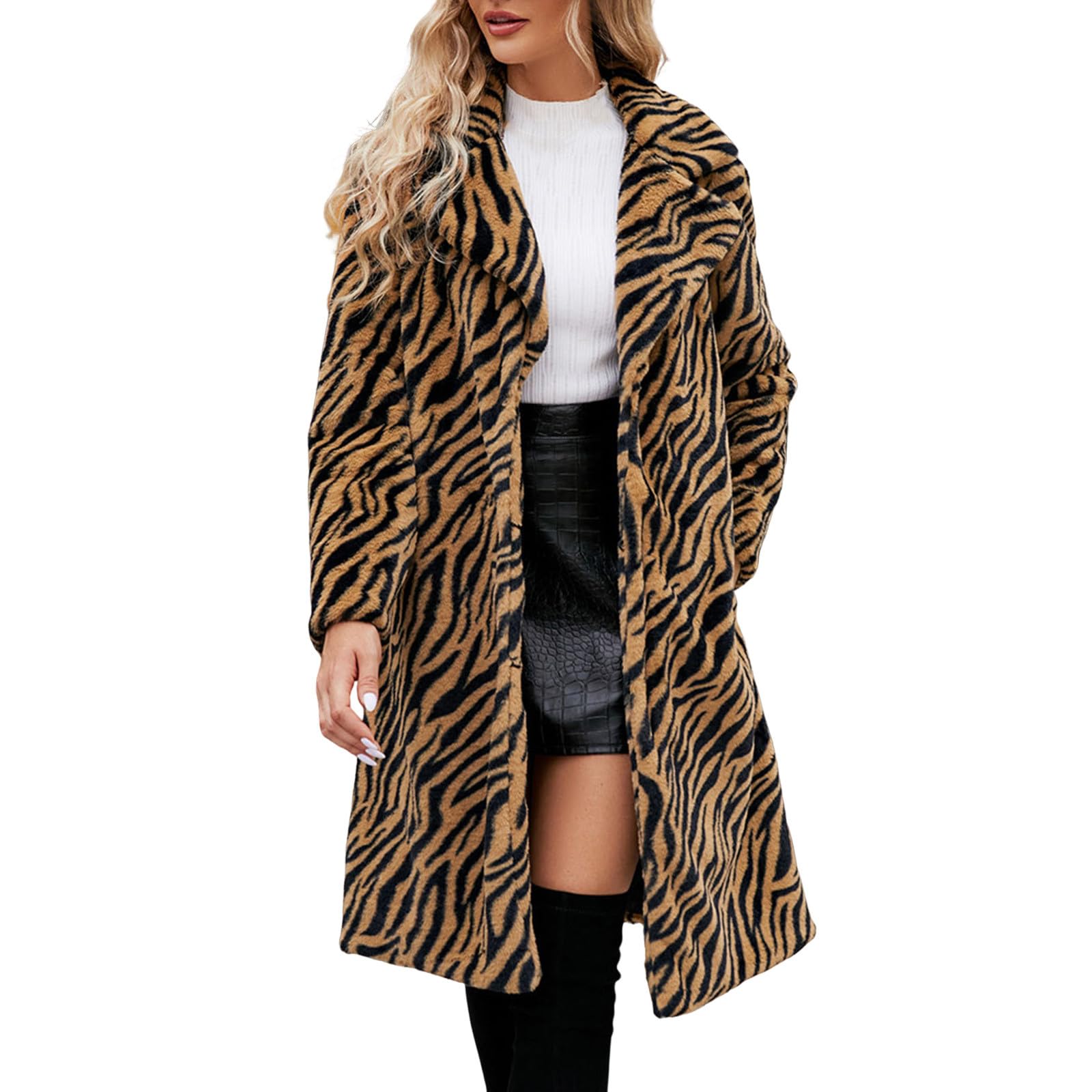 Pelzmantel Damen Lange Leopard Muster Kunstpelz Mantel Fellmantel Nerzmantel Parka Jacke Wintermantel Trenchcoat Flaumig Warme Cardigan Winter Jacke