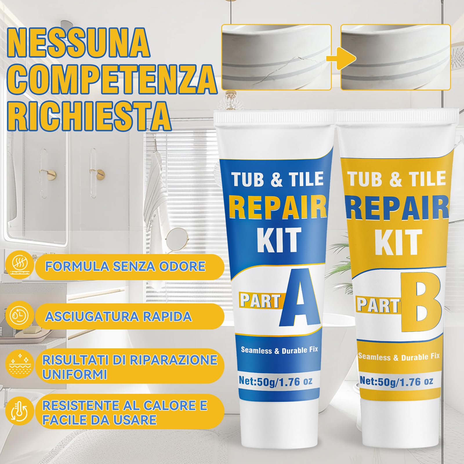 prowithlin Kit Riparazione Piastrelle, Riparazione Piatto Doccia Resina – Ripara Piastrelle Scheggiate, Ripara Gres Porcellanato, Ripara Ceramica Lavandino – Impermeabile, Colore Regolabile (1)