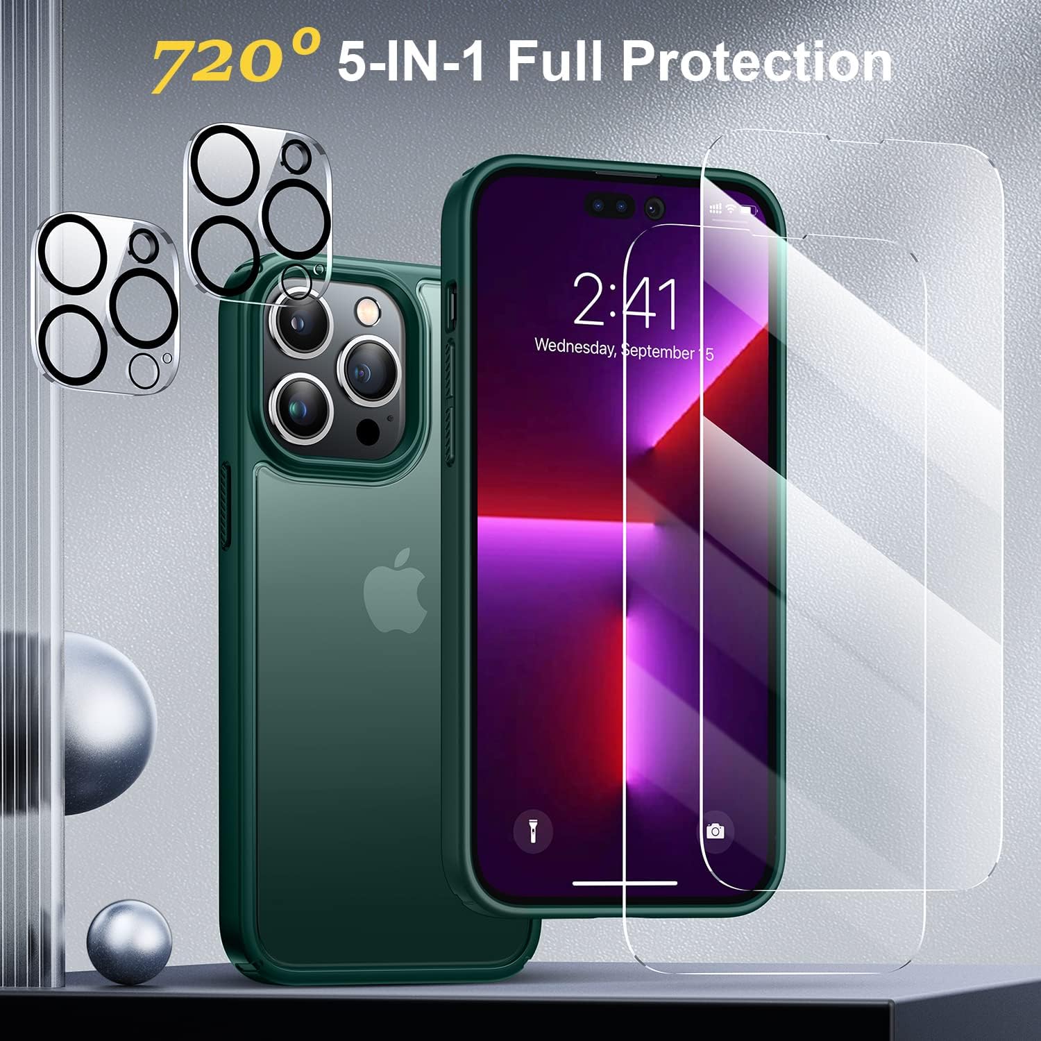 Humixx [5-in-1] Designed for iPhone 14 Pro Case, 2X Tempered Glass Screen Protector+2X 9H Lens Protector [10FT Military Shockproof] Slim Protective Phone Case for iPhone 14 Pro 6.1 inch,Pine Green