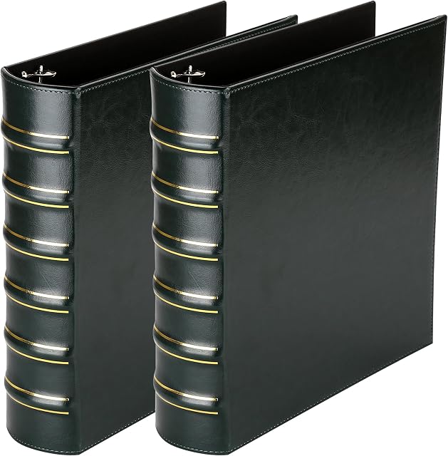 LETVPVOW Vintage Hardback 3 Ring Binder 2 Inch, Professional Leather Binders 2 Inch D Ring, Holds 400 Sheets Capacity 2 Pack - Dark Green
