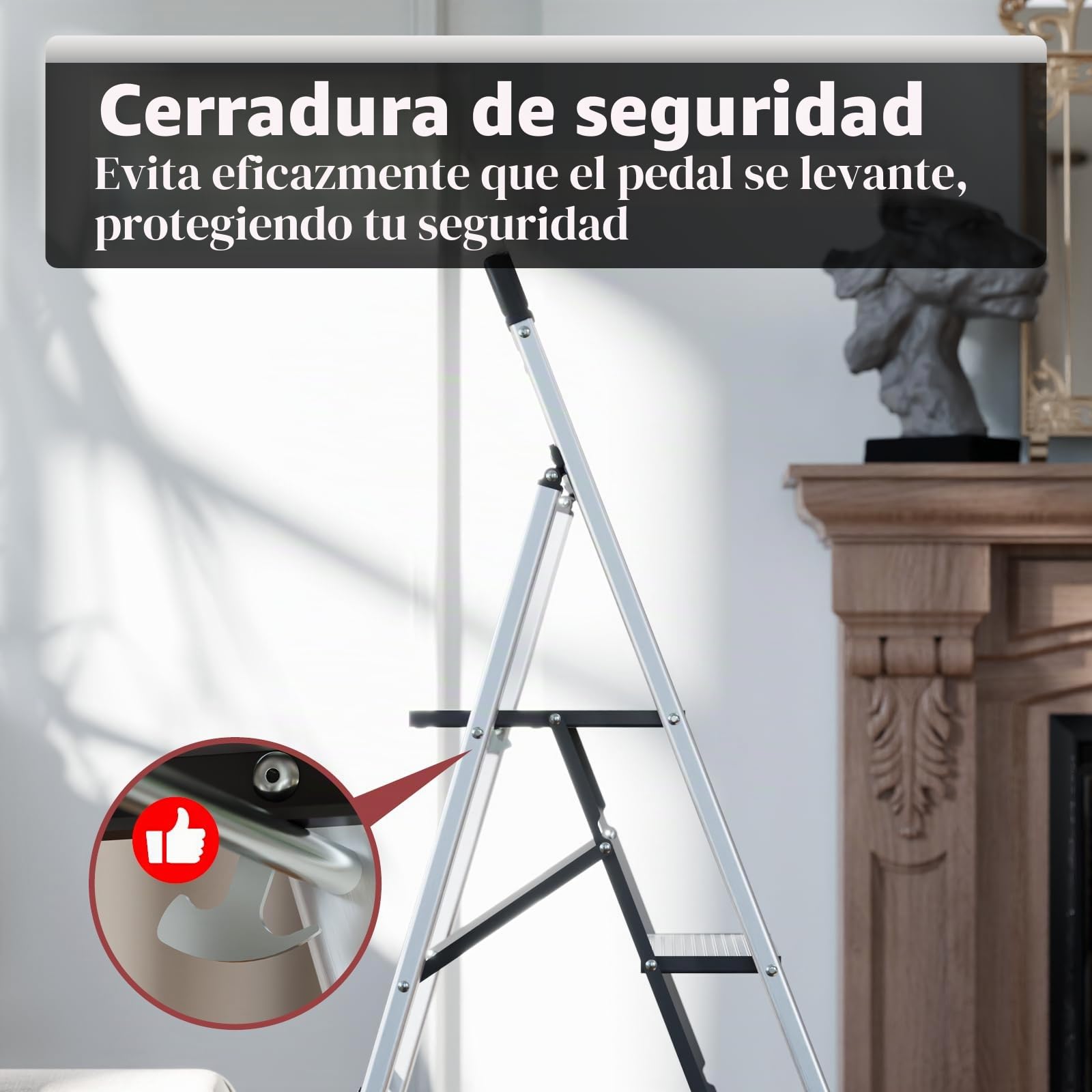 KINGRACK Escalera de Tijera 5 peldaños Plegable de Aluminio, Escalera Doméstica Estrecha con Pasamanos, Mecanismo Antiplegado, Uso Hogar Cocina Despensa Oficina, Ahorro de Espacio y Portátil, Plata