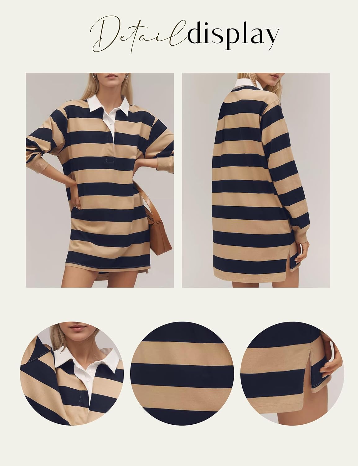 Women Striped Lapel V Neck Long Sleeve Mini T Shirt Dress Collar Contrast Short Dress Casual Stripe Fall Polo Dress - Image 5