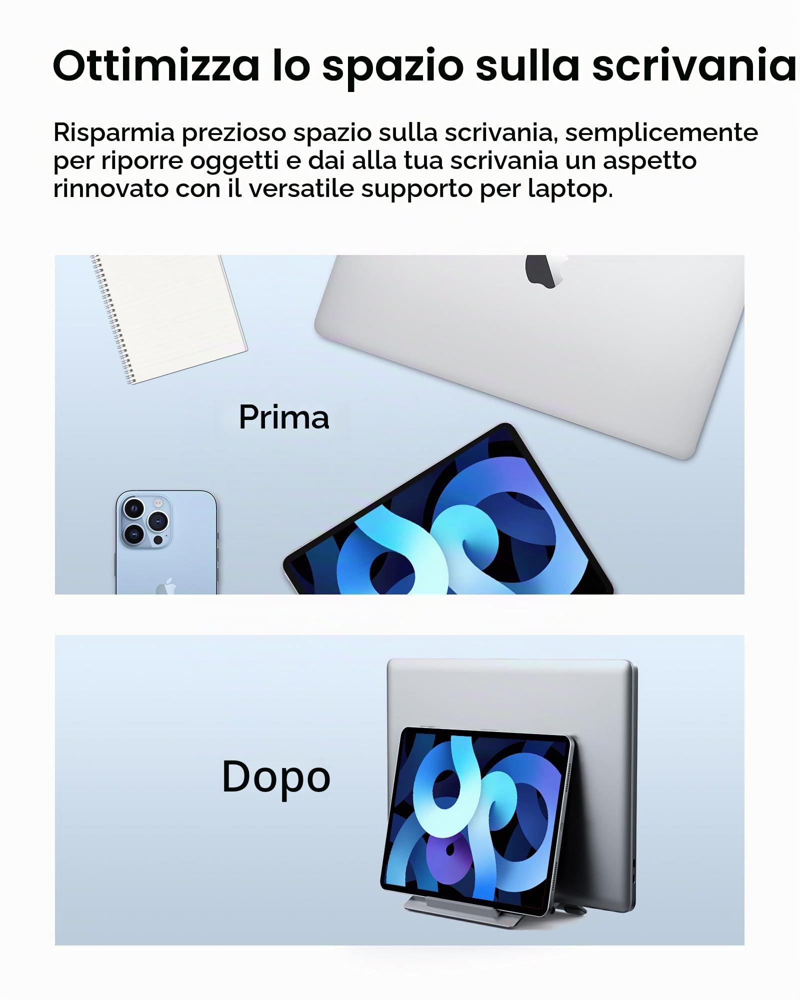 SODI Supporto per laptop verticale in alluminio, per MacBook Air, MacBook Pro, iPad, iPhone, con bloccaggio a gravità, regolazione automatica, design minimalista e ergonomico