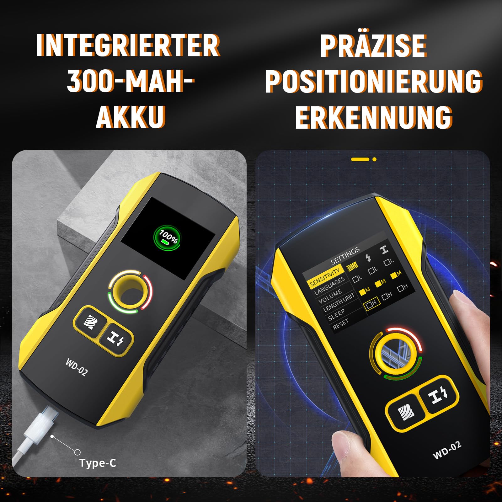 WD-02 Wandscanner Ortungsgerät, Leitungssuchgerät mit TFT-Display & Positionierungsloch, Wandmetalldetektor für Mitte und Kante von Holzständern, Metallteilen, Kabeln, Rohren und Balken