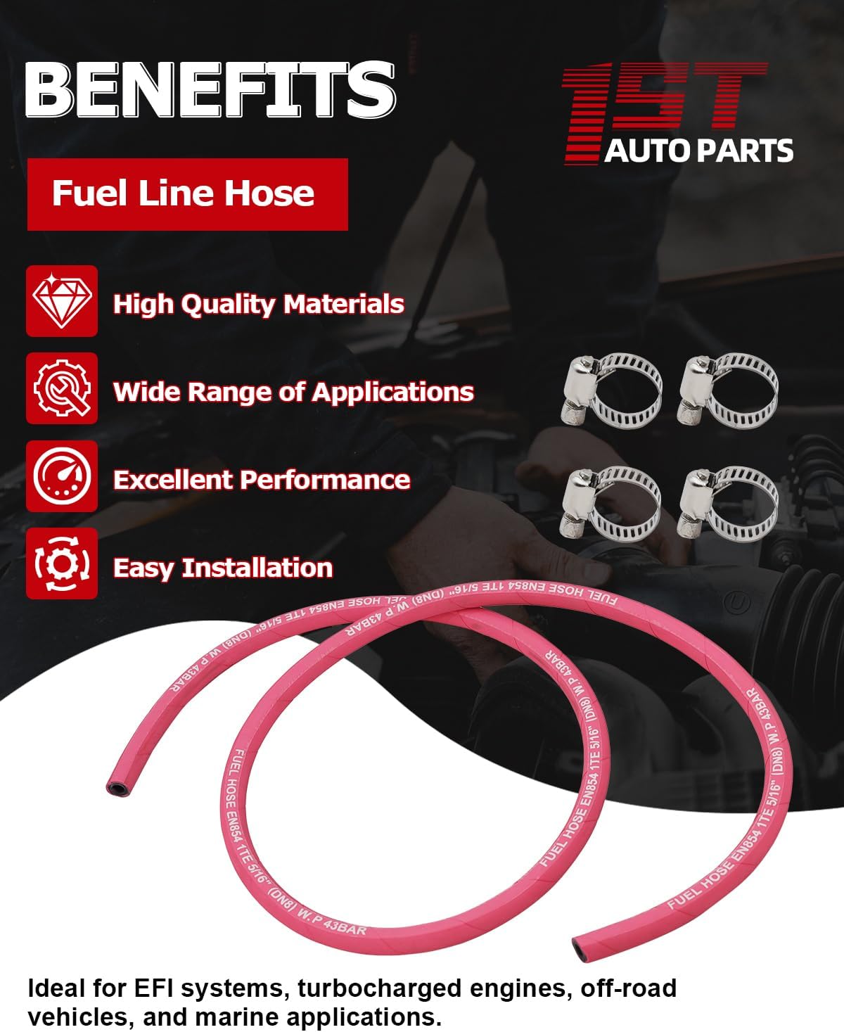 1ST 5/16 Inch 5FT Fuel Line Hose 5AN Fuel Tube Hose NBR 2.8Mpa 400PSI 43BAR for Automotive Fuel Systems Engines with 4PCS Clamps, Red