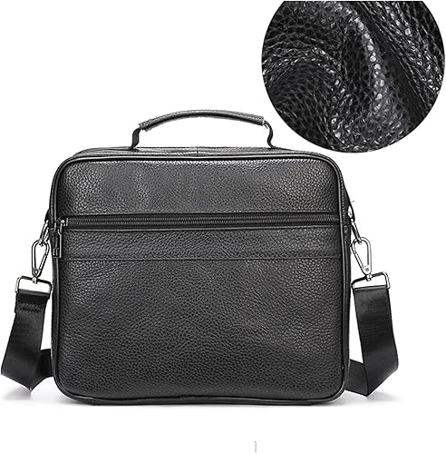 Vista 2 de Maletín de cuero genuino para hombre, bolsa de hombro para oficina de negocios con bolsillos con cremallera, color negro
