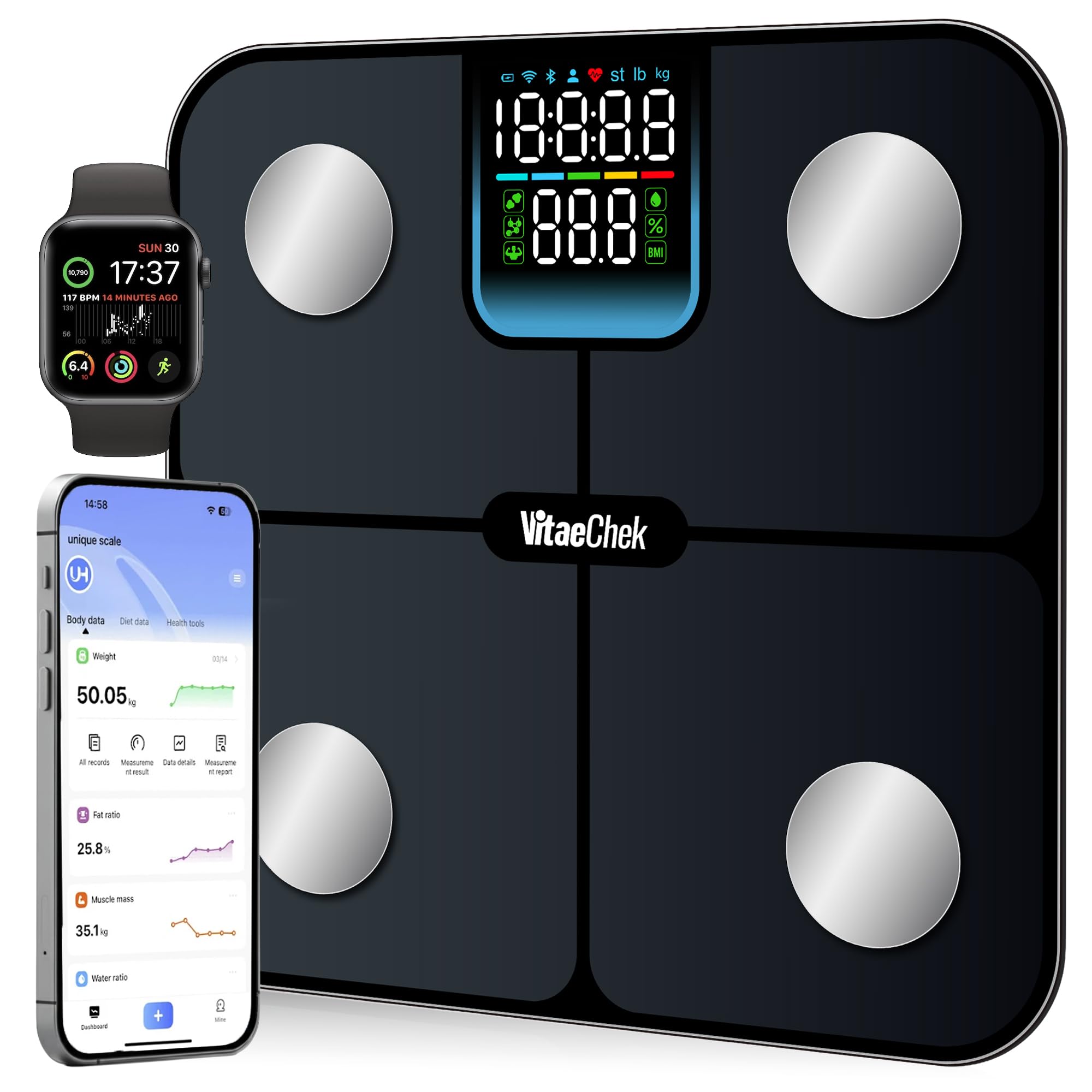 Bilancia Pesapersone Digitale Intelligente 180Kg Bluetooth con App, Impedenziometrica Professionale con Elettrodi in Acciaio Inossidabile, Display LED e 25 Indicatori Corporei