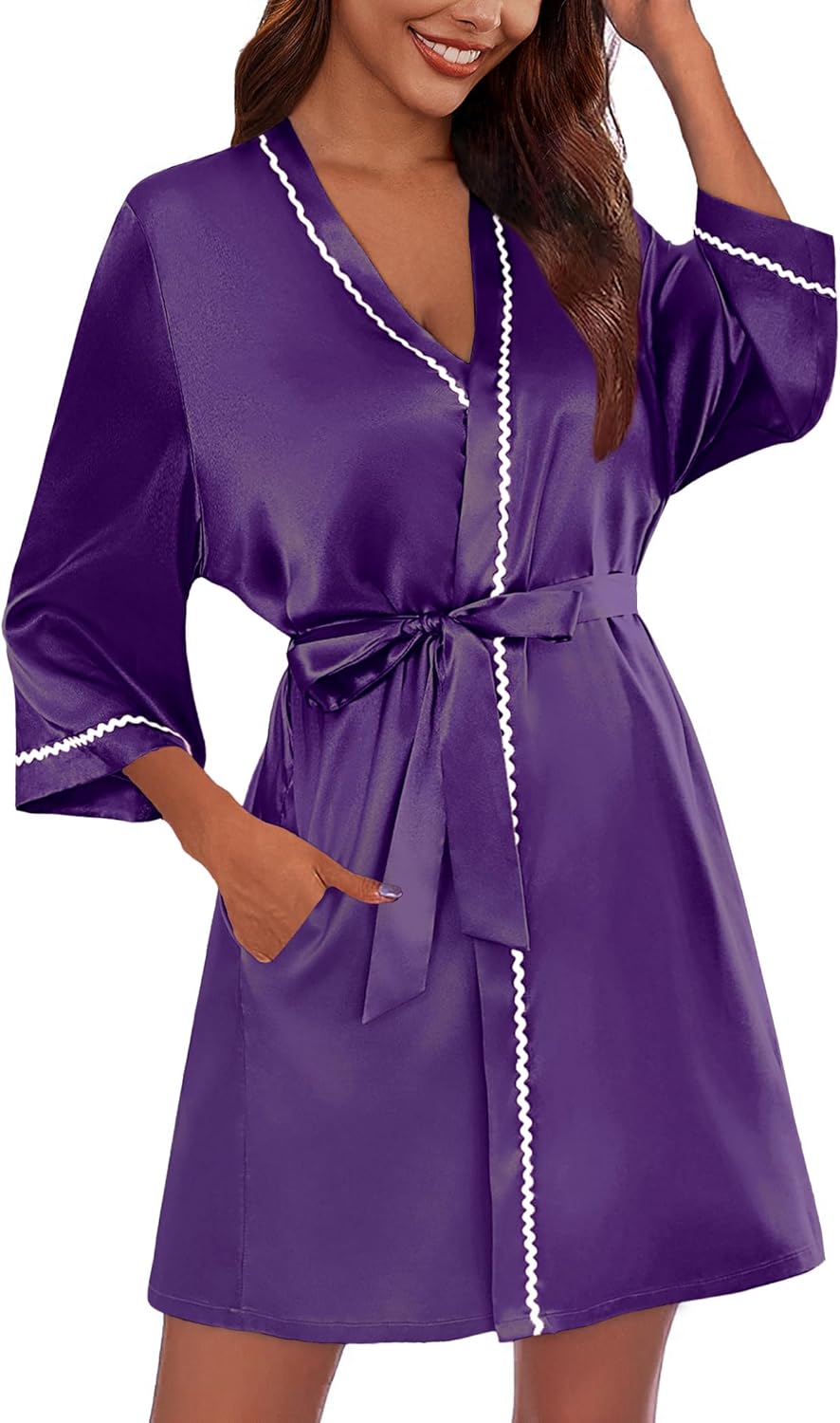 Ekouaer Women's Satin Robe Short Bridesmaid Bride Feather Bridal Robe Kimono Silky Long Sleeve Bathrobe S-XXL Medium B-dark Purple