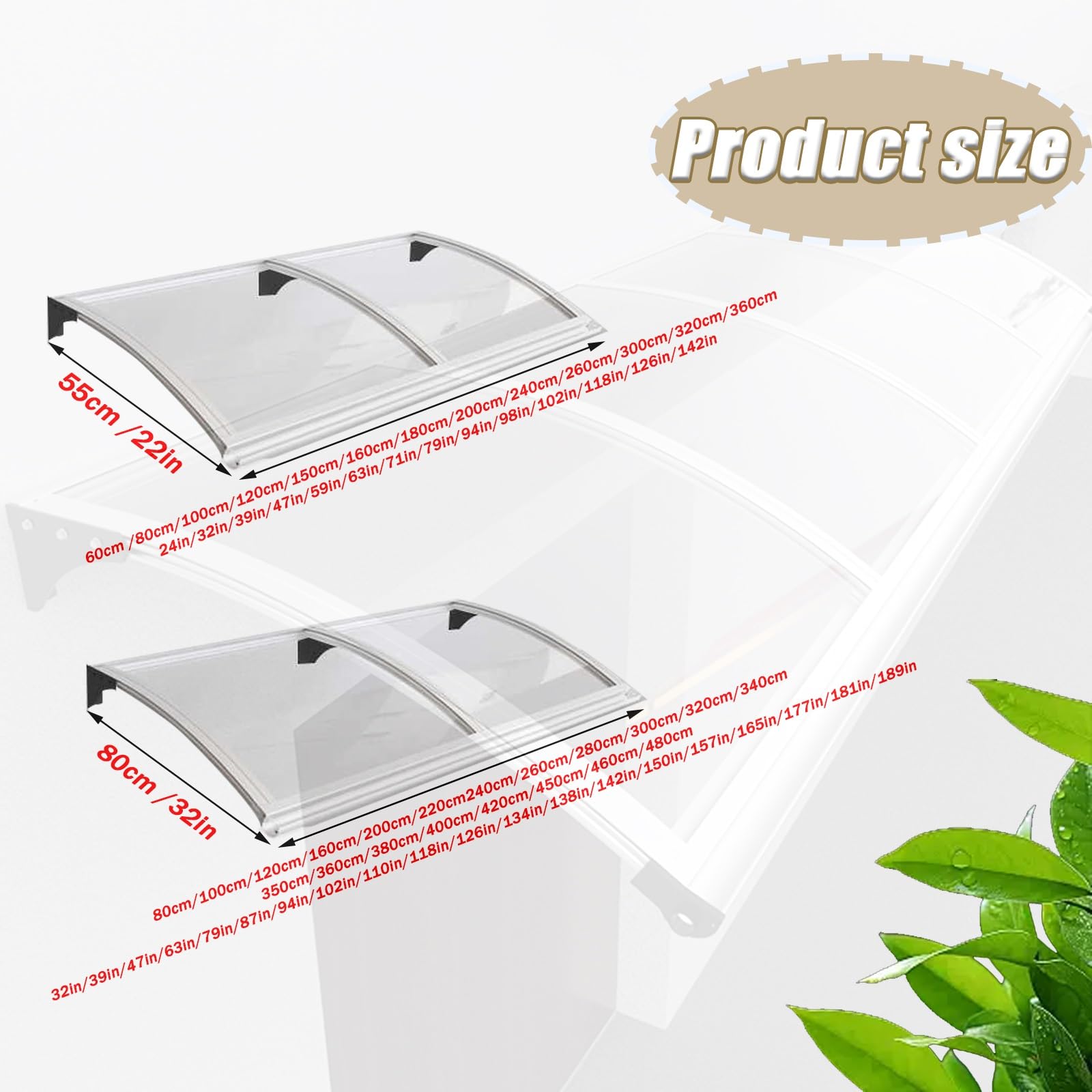Vordach HaustüR Kunststoff Pultbogenvordach üBerdachung Transparent Fenster Markisen Polycarbonat-Vordach FüR HaustüR Transparentes Pultbogenvordach Dicke Pultbogenvordach TüRdach(55*150cm/22*59in)