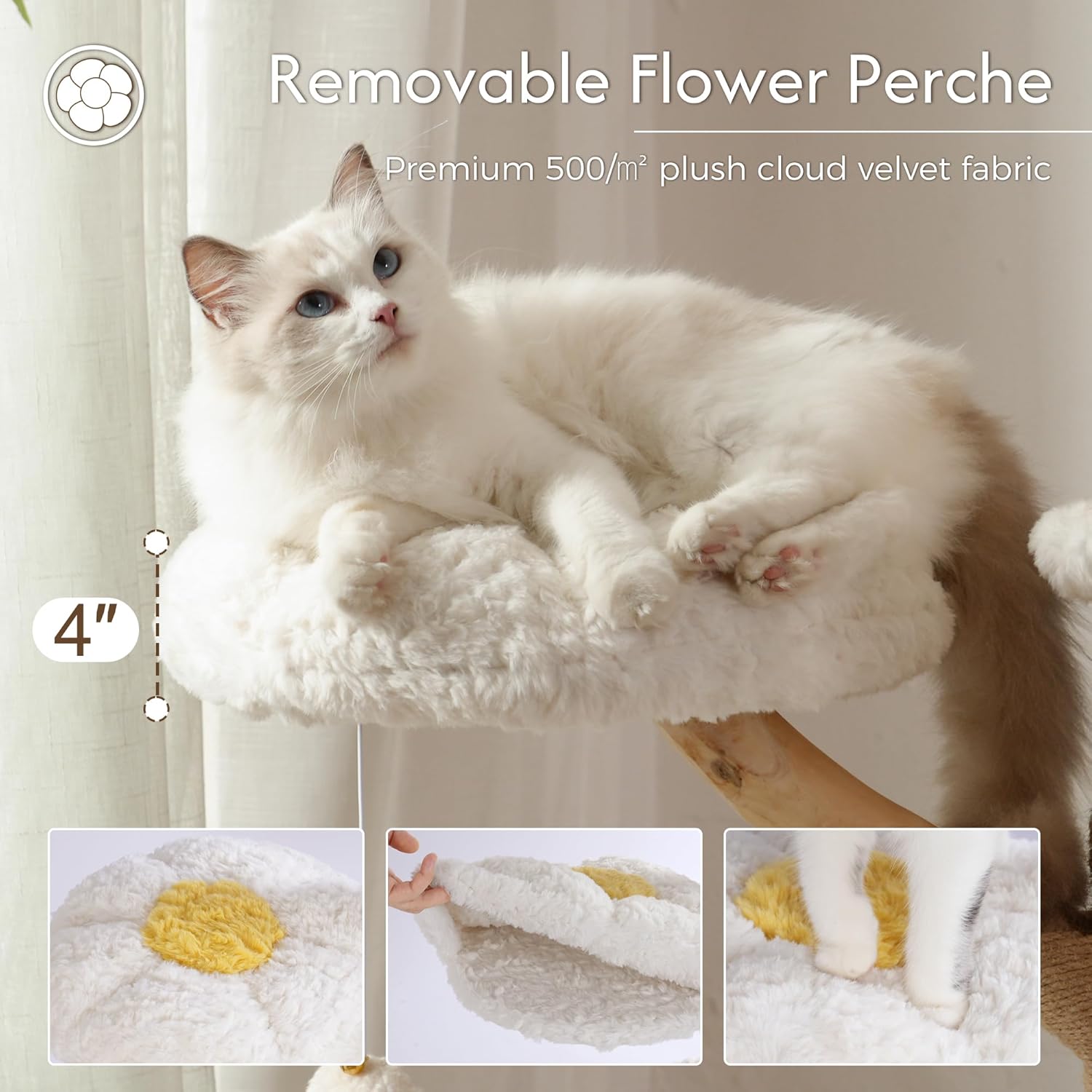 Moewrista Modern Cat Tree with Hammock 48.5 Inches Cat Tower with Scratching Post,Featuring Real Wood Post,Large Rattan Basket, Spacious Flower Perch and Condo for Indoor Cat Large Adults-Beige