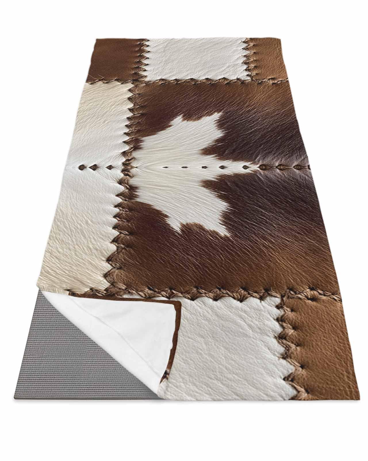 BOSIJOY Yoga Mat Towel,Brown White Cowhide Non Slip Sweat Absorbent Hot Yoga Towels with Corner Pockets,Western Farmhouse Animal Skin Leather Soft Microfiber Towel for Pilates Bikram 74