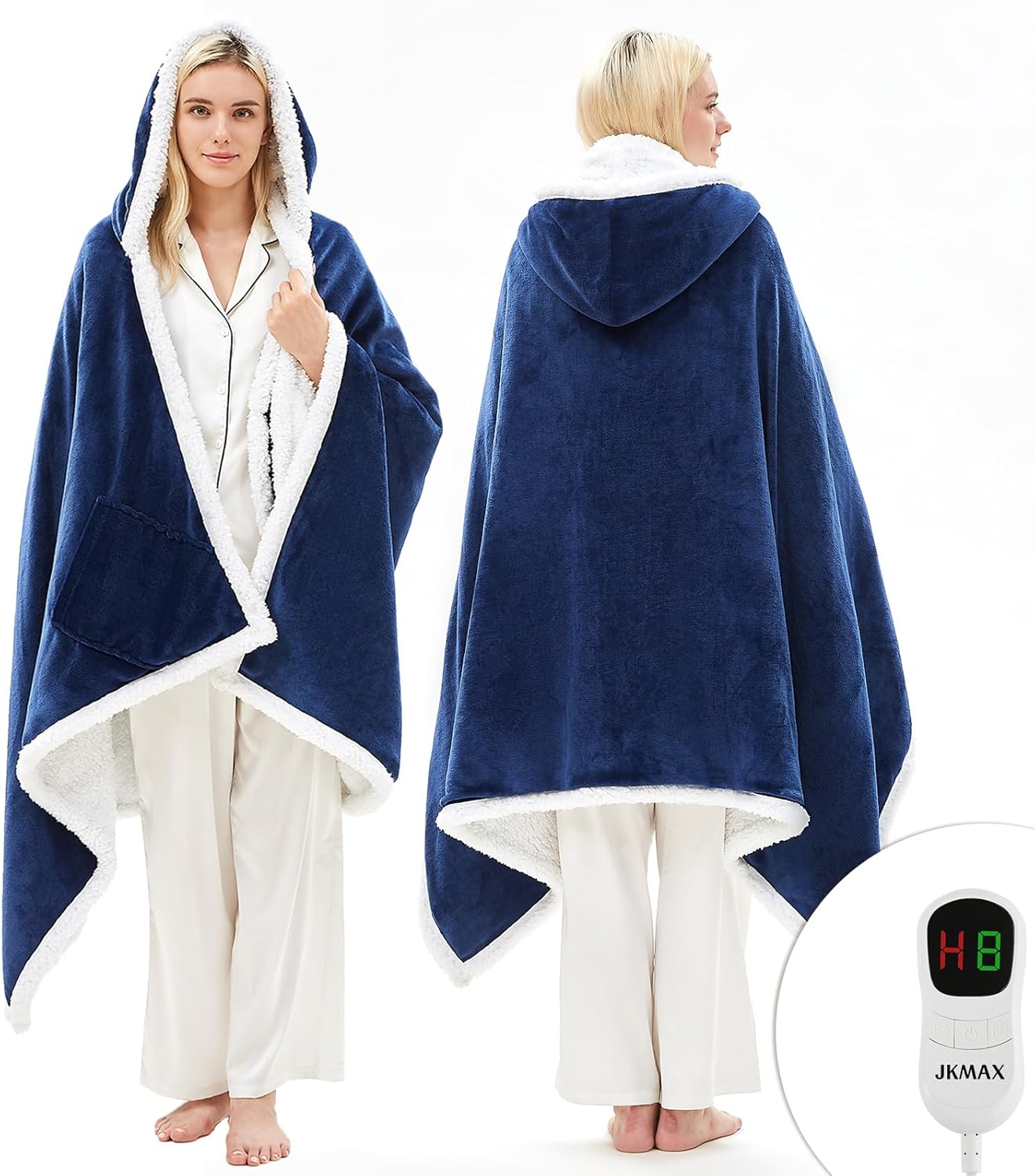 JKMAX Heated Electric Blanket Shawl – Wearable Heating Blanket Heated Throw Blanket – Heated Hoodie Poncho Wearable Sherpa Wrap with 10-Level Heating Auto-Off for Adults (40”x70”, Navy Blue)
