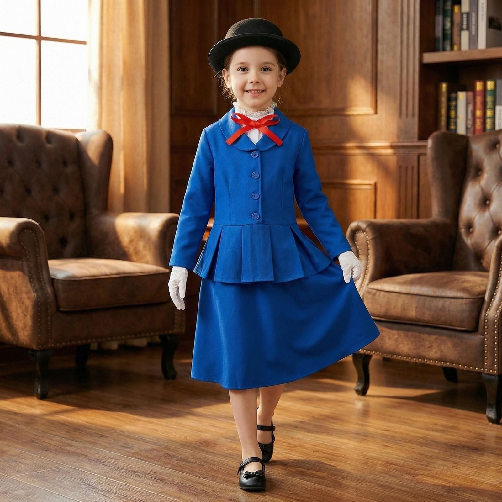 Meriviva Victorian Nanny Costume, Girls World Book Day Costumes Set including Blue Dress Black Bowler Hat Gloves - Image 2