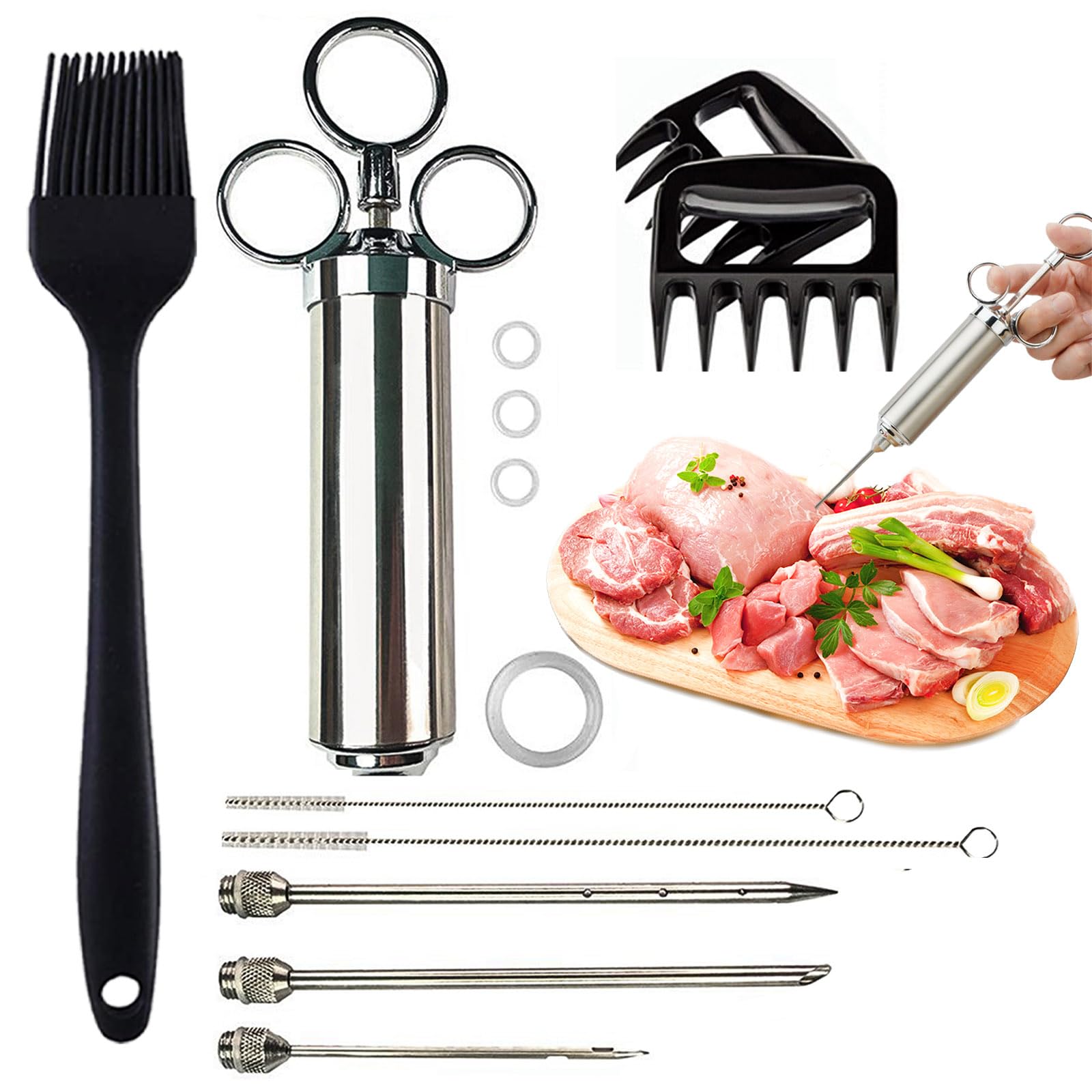 Iniettore per carne in acciaio inox 60 ml con 3 aghi siringa per marinata barbecue