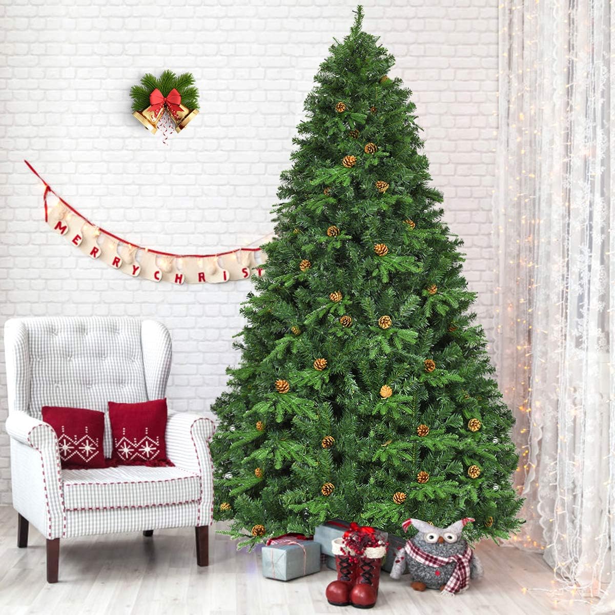 COSTWAY Árbol de Navidad Artificial Verde 240cm, Arbol de Navidad con 600 Luces Incorporadas Soporte de Metal, 81 Conos de Pino, PVC y PE, Arvore de Natal Hogar Fiesta Interior (240CM)