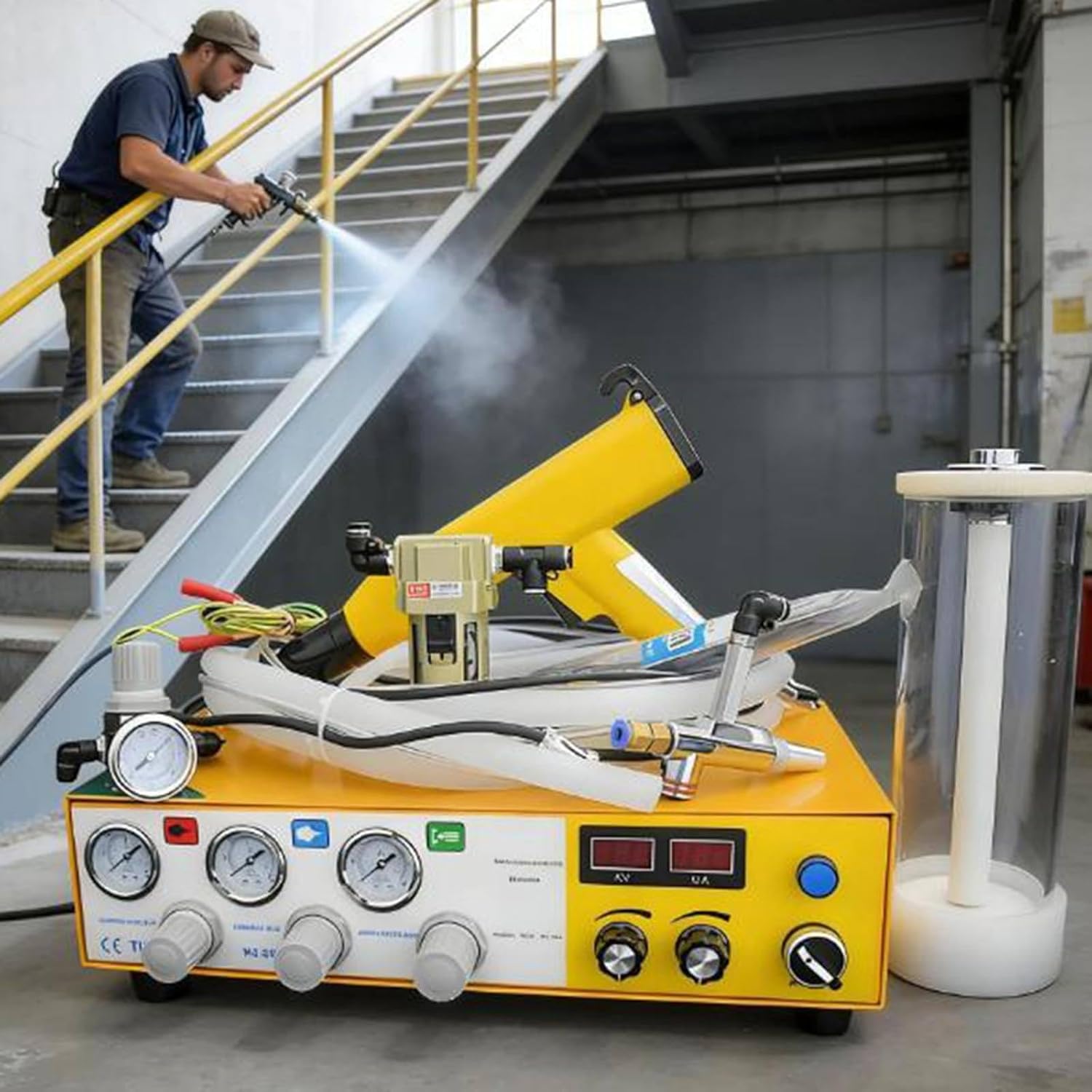 35W Portable Powder Coating Paint Gun, Electrostatic Powder Coating System with Foot Switch Spraying Gun, Dual Digital Display, Compact Design,Easy to Use