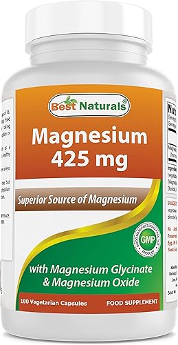 Best Naturals Magnesio 425 mg 180 cápsulas vegetarianas  Glicinato de magnesio de alta absorción y quelado de óxido de magnesio, sin OMG, sin