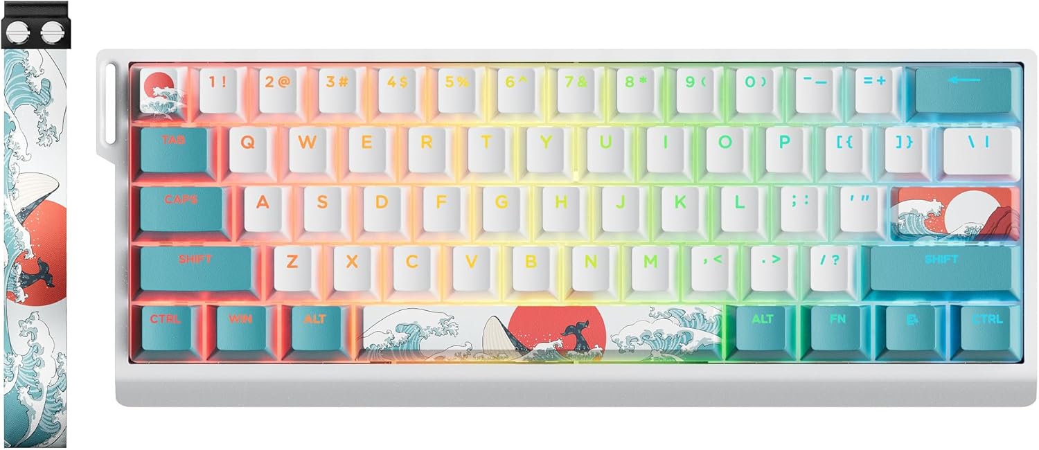 HITIME x XVX 60% Percent Keyboard with Strap, H61 Wired Aluminum Gaming Keyboard, Hot Swappable, Kanagawa Anime PBT Keycaps, RGB Backlit, Cherry Profile, Sound Absorbing Pads, Creamy Linear Switch