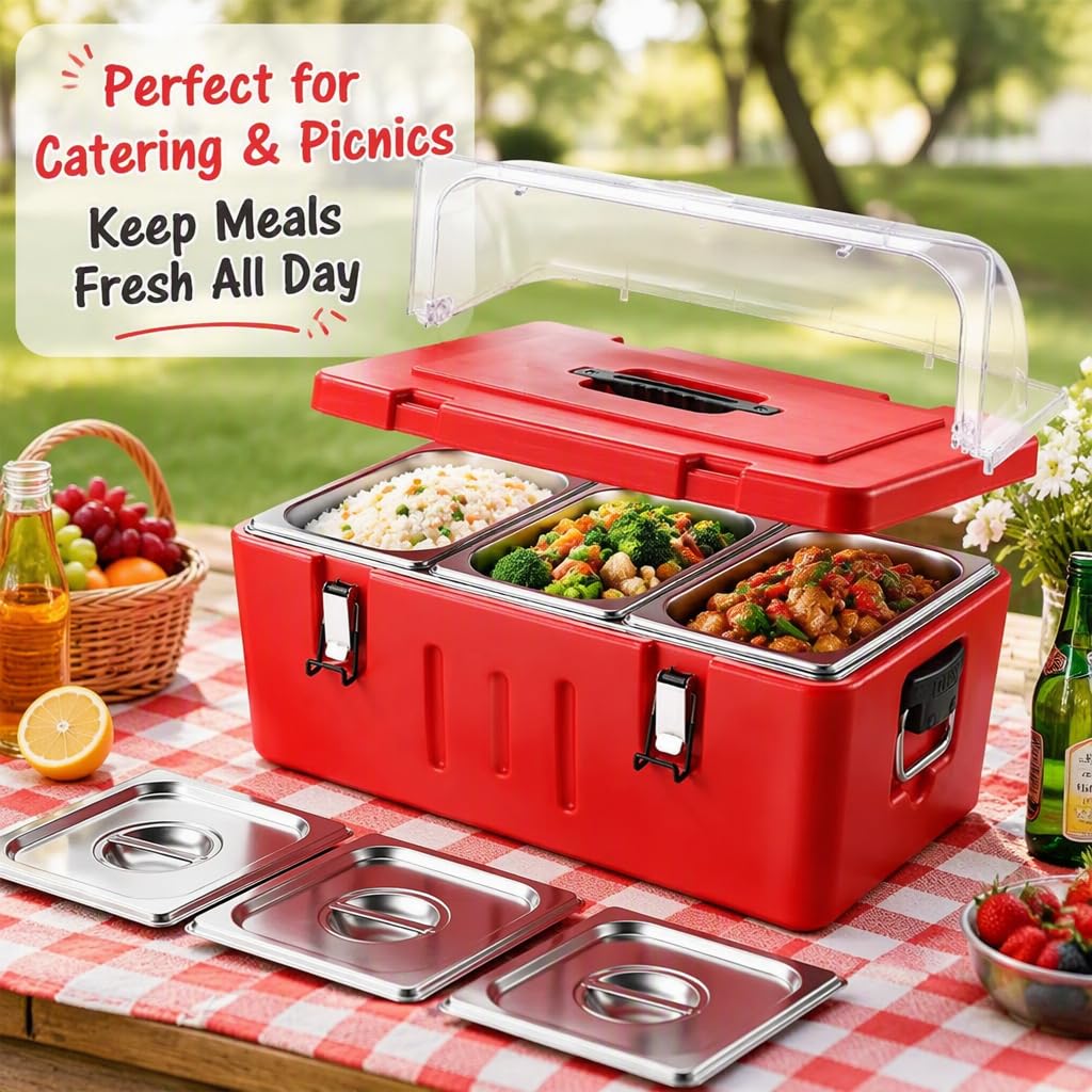 Contenedor comercial para alimentos fríos y calientes de 27 cuartos de galón, 3 recipientes y tapas de acero inoxidable, caja de transporte portátil para catering. (4Grid)