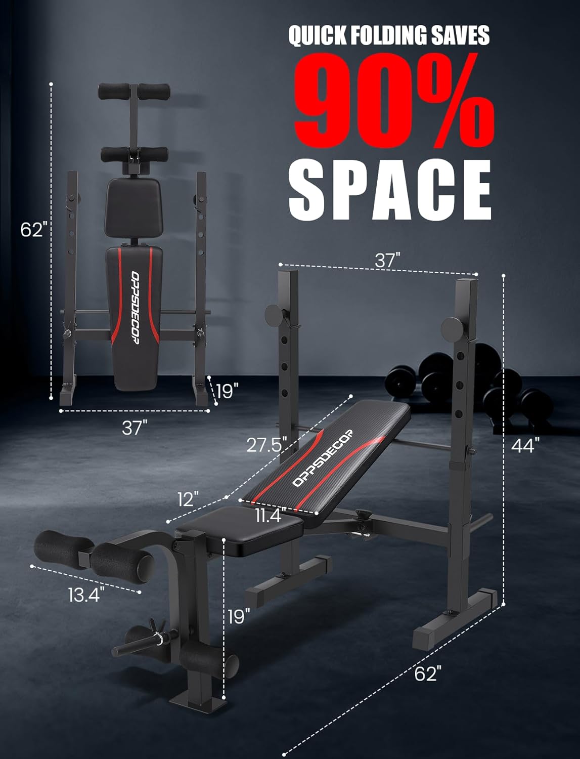 OPPSDECOR Weight Bench, 600LBS Adjustable Bench Press with Squat Rack & Leg Extension, 3 Sec Folding Workout Bench for Full Body Exercise, Incline Decline Flat Weight Benches for Home Gym Exercise