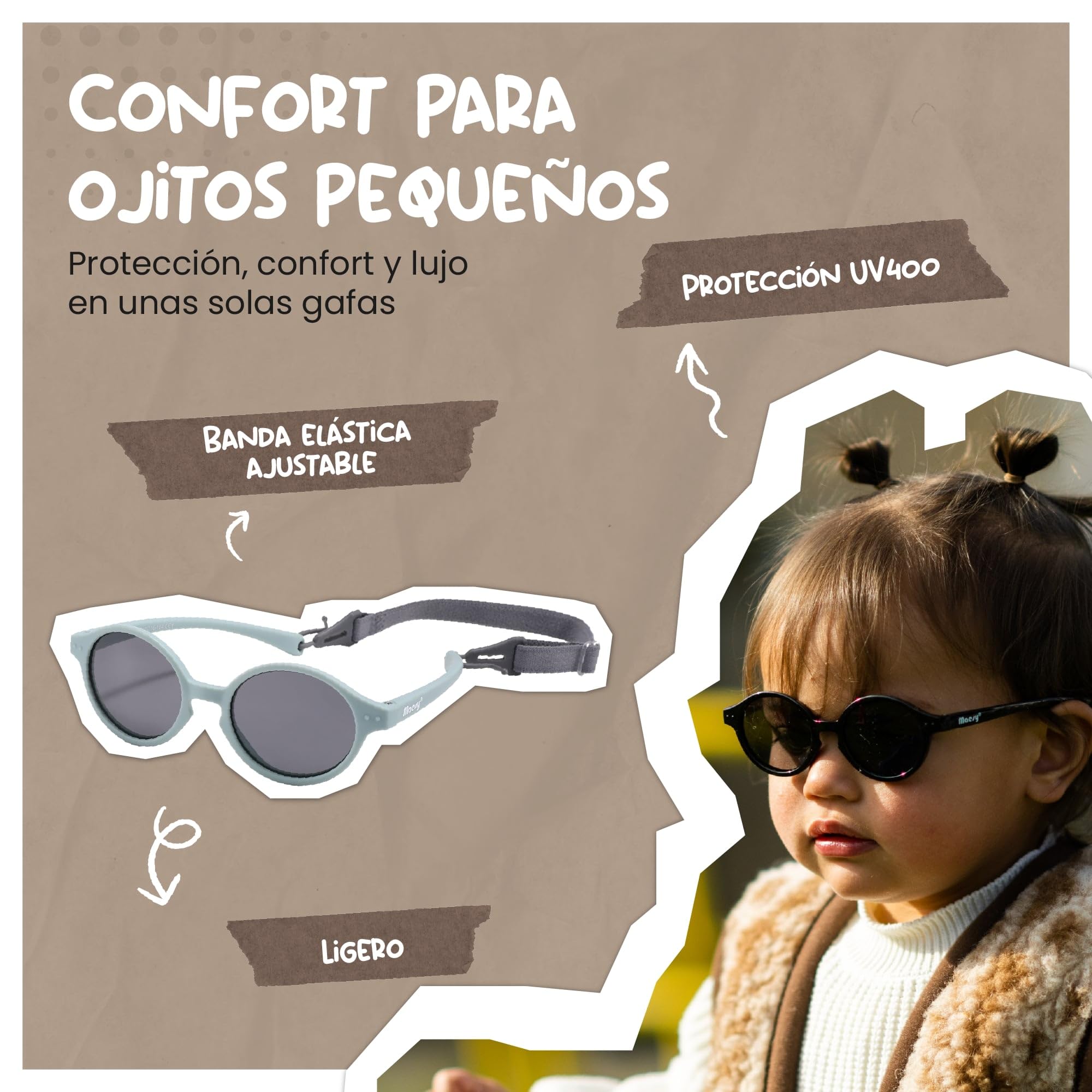 Gafas de Sol para Bebé, 0-2 Años, Protección Polarizada UV400, Montura Flexible y Blanda, Cinta Elástica Ajustable, Gafas de Sol Seguras y Cómodas para Bebés, Noah